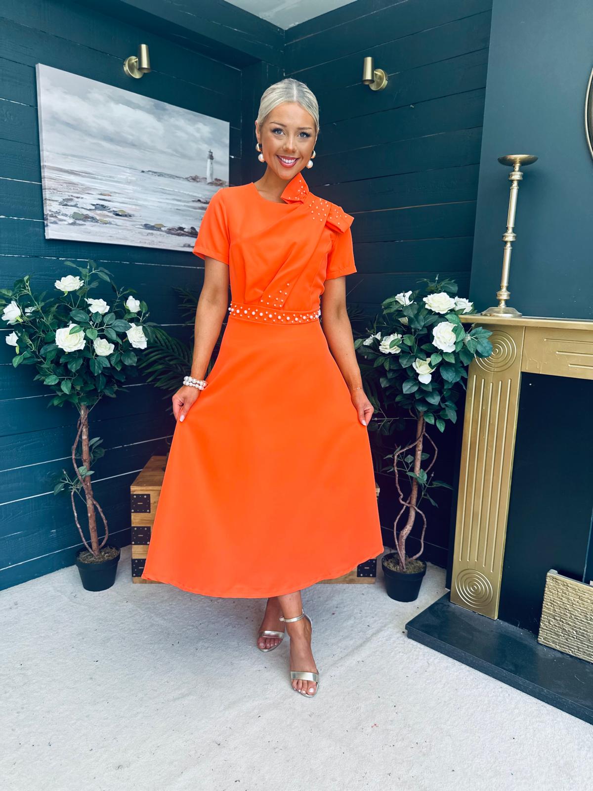 Blake Pearl Embellished Occasion Dress Orange