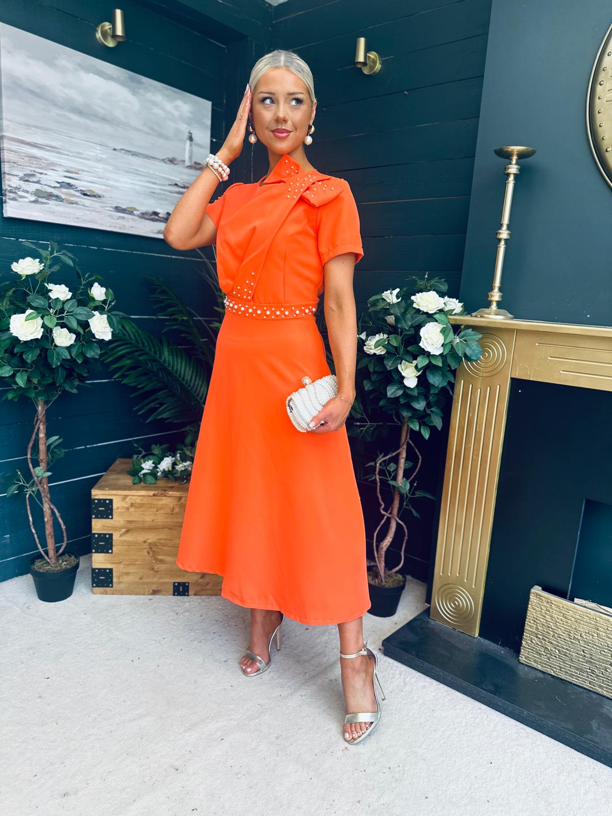 Blake Pearl Embellished Occasion Dress Orange