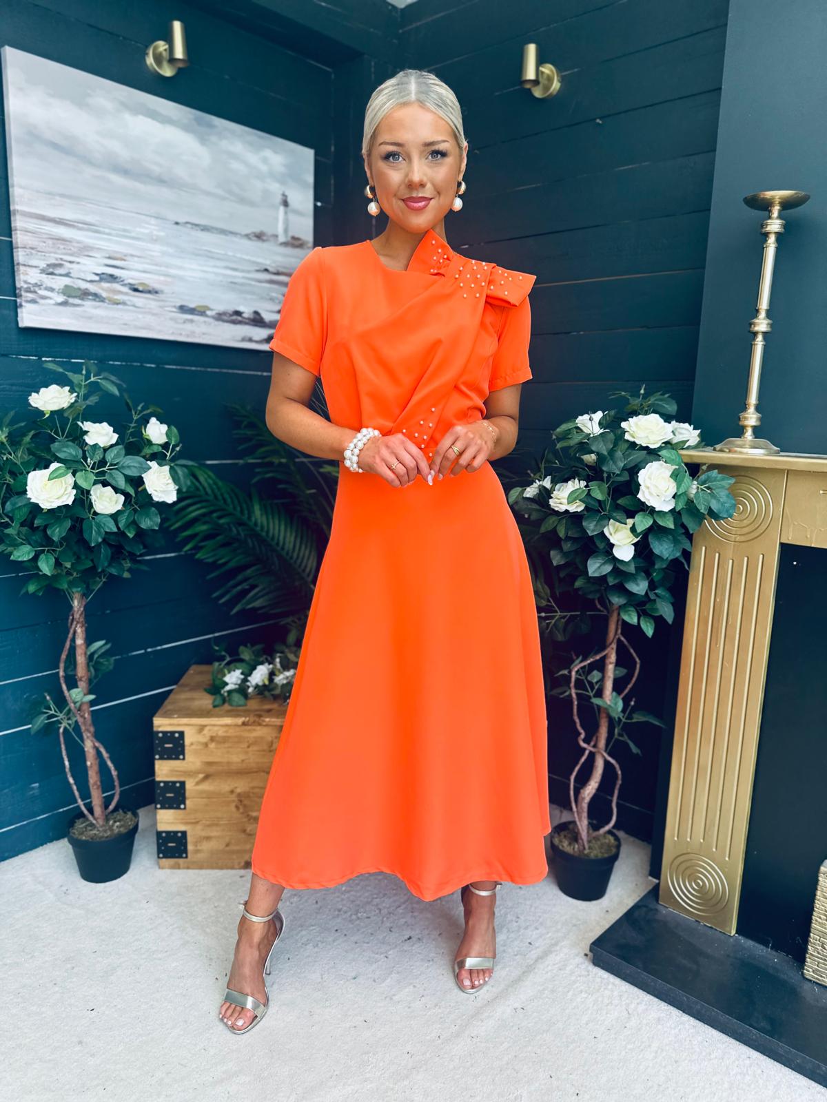 Blake Pearl Embellished Occasion Dress Orange