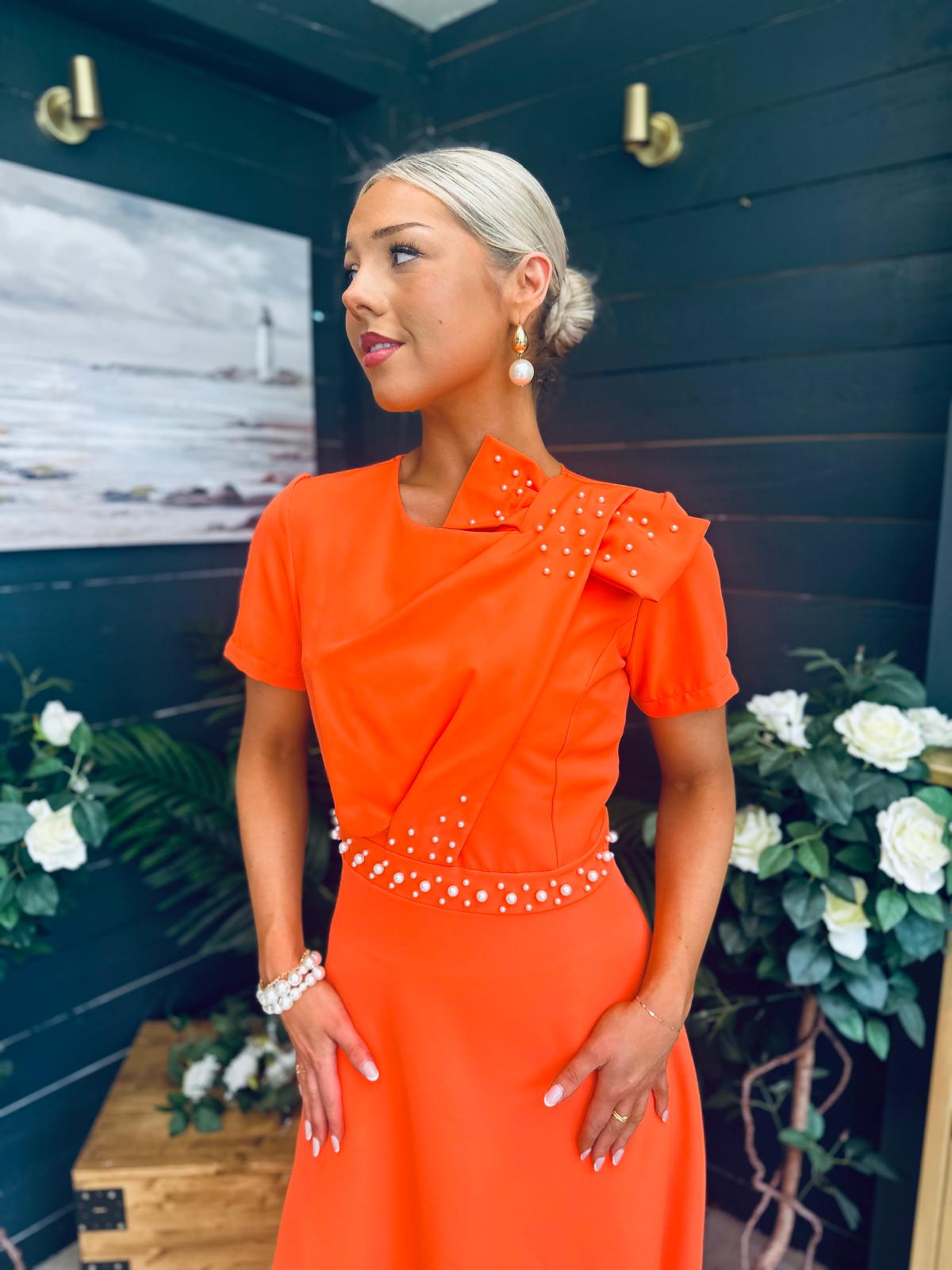 Blake Pearl Embellished Occasion Dress Orange