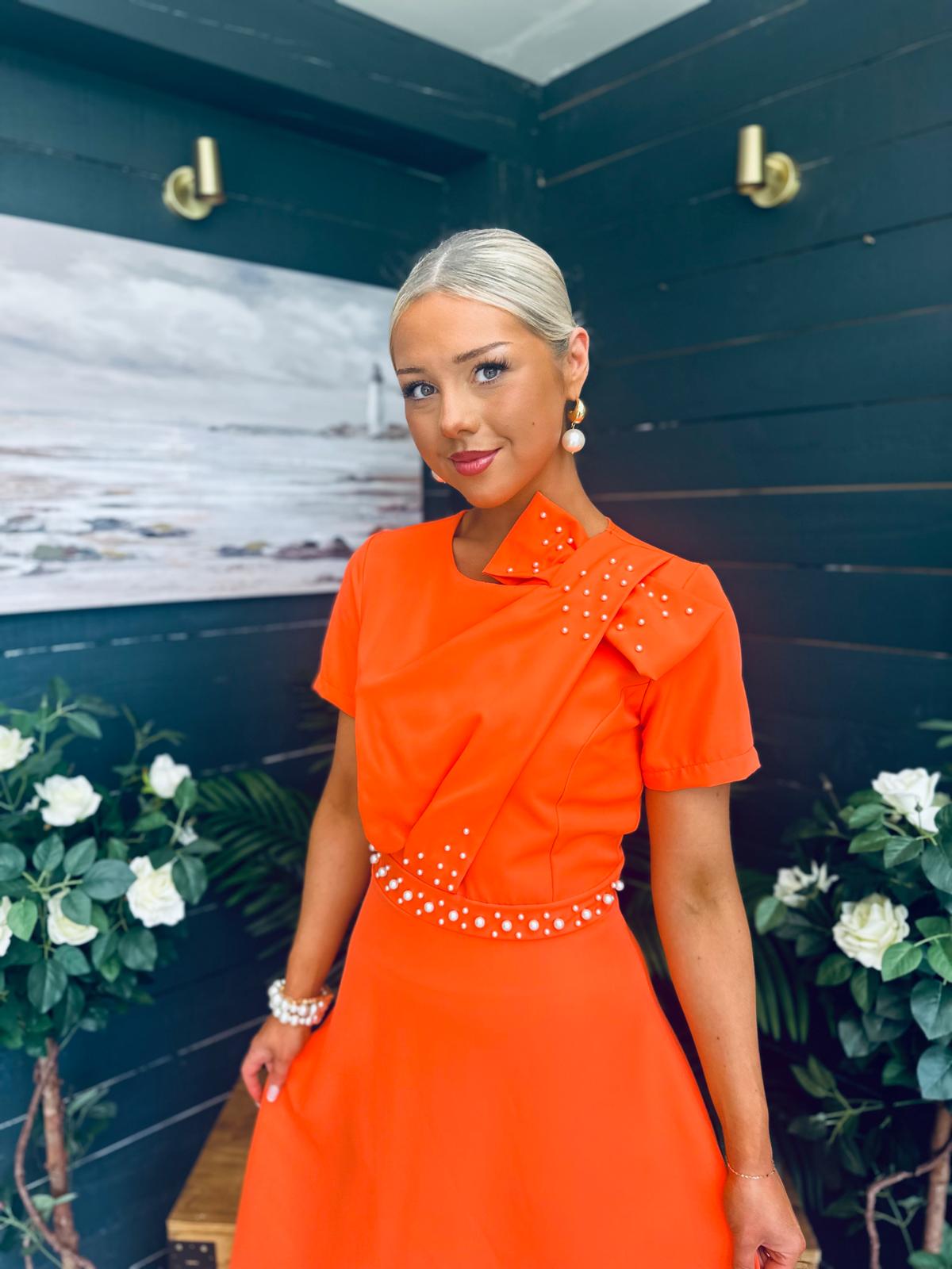 Blake Pearl Embellished Occasion Dress Orange