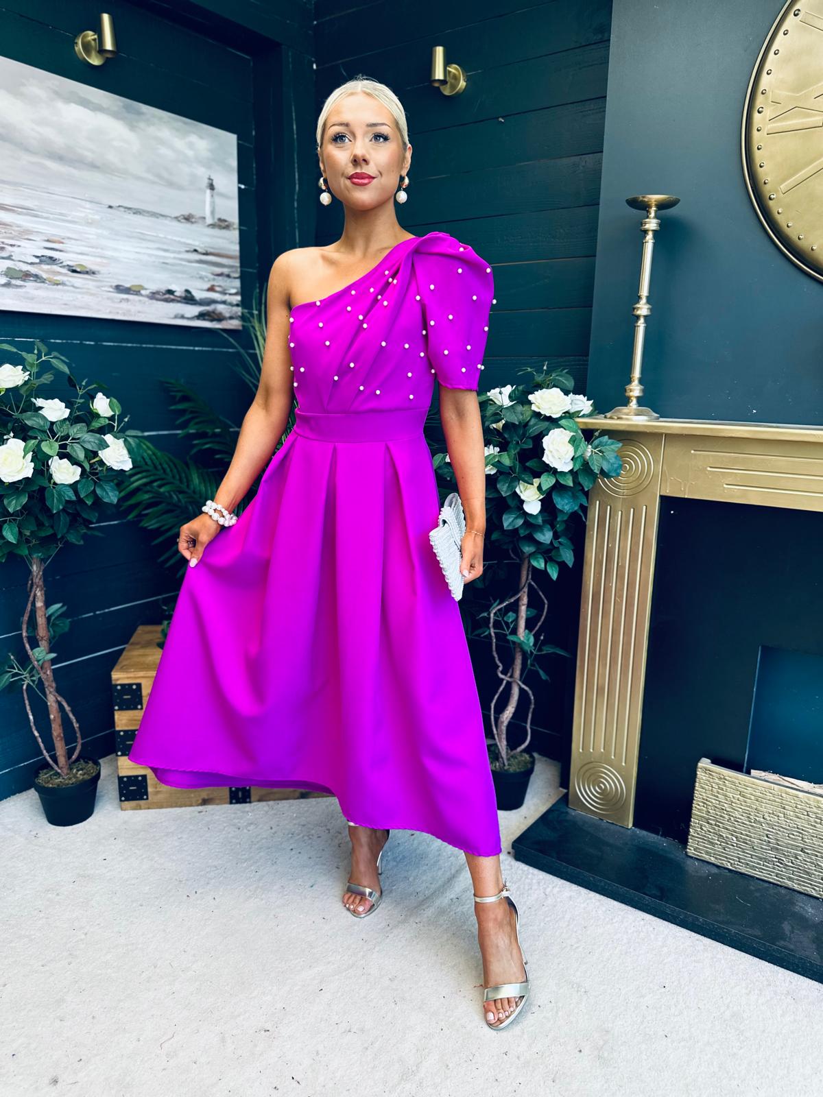Celeste Pearl Embellished Occasion Midi Dress Orchid