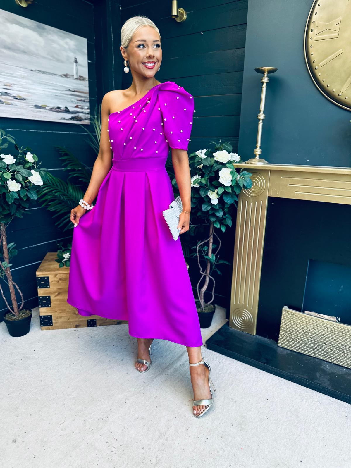 Celeste Pearl Embellished Occasion Midi Dress Orchid