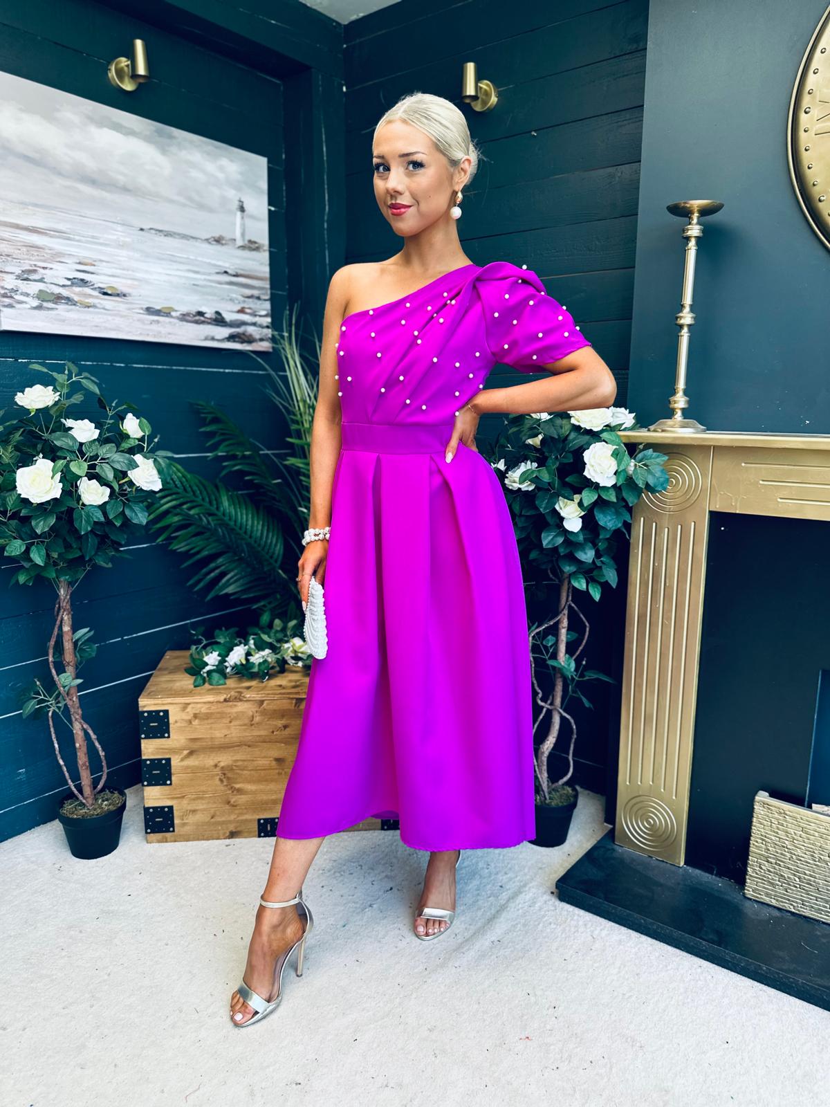 Celeste Pearl Embellished Occasion Midi Dress Orchid