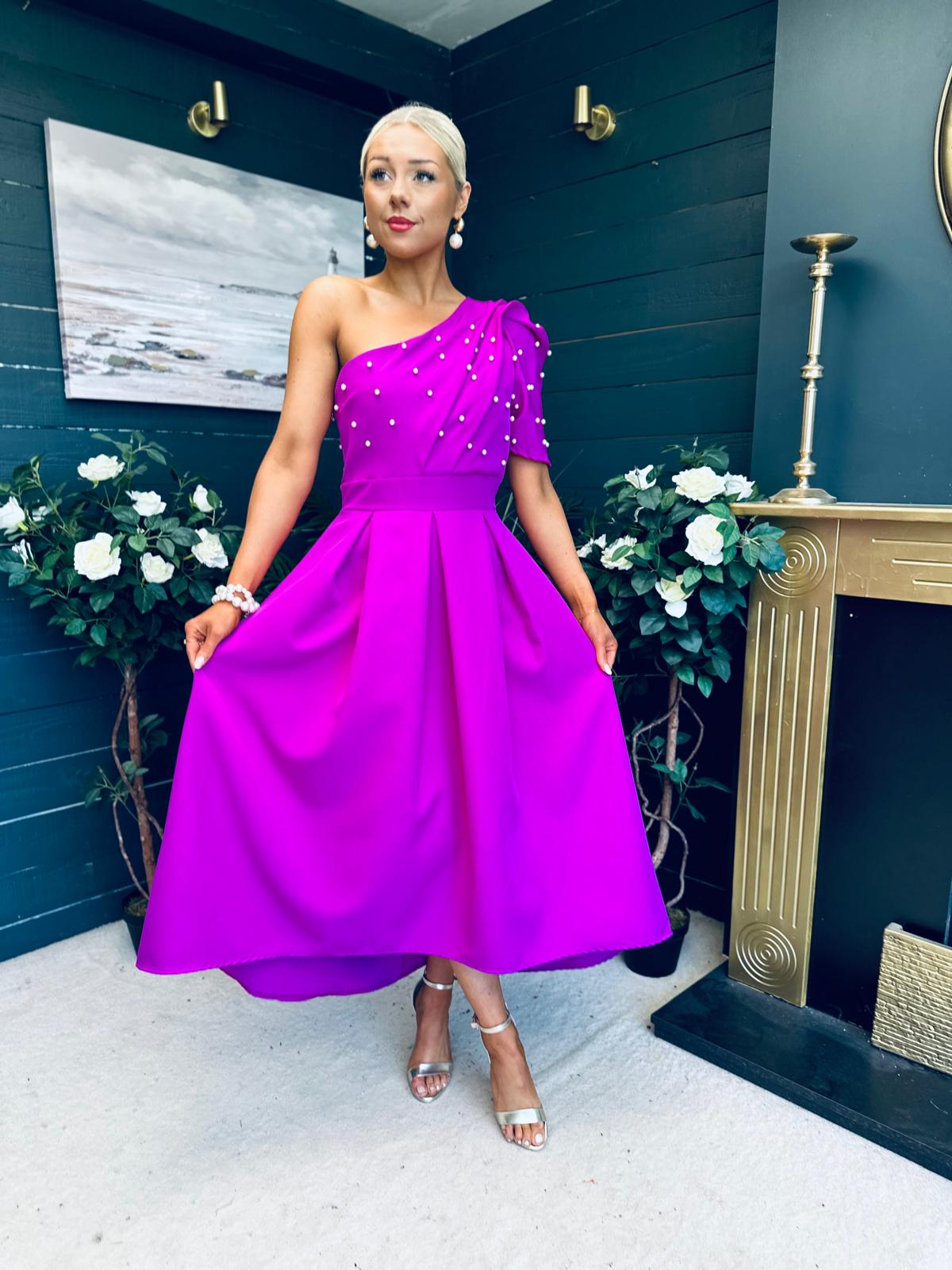 Celeste Pearl Embellished Occasion Midi Dress Orchid
