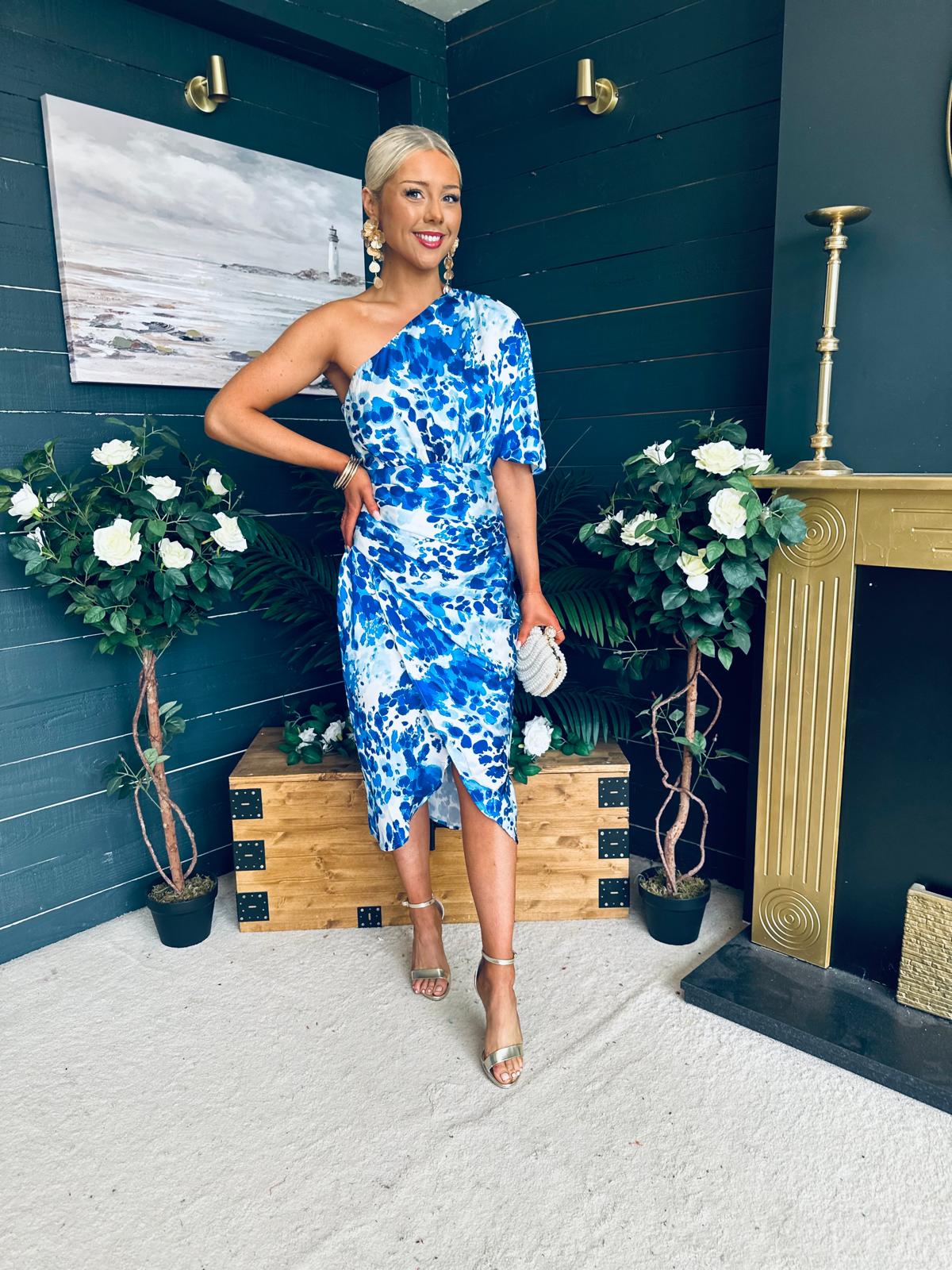 Ira One Shoulder Wrap Skirt Midi Dress Blue