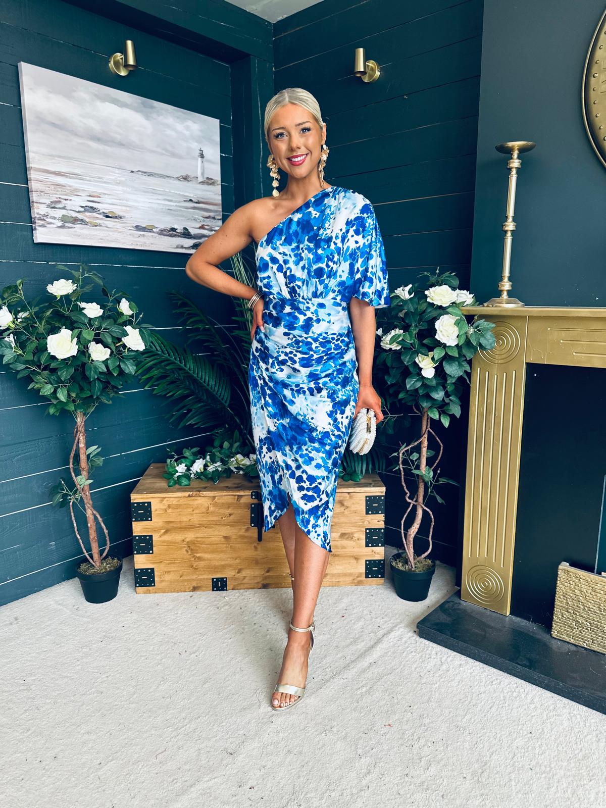 Ira One Shoulder Wrap Skirt Midi Dress Blue