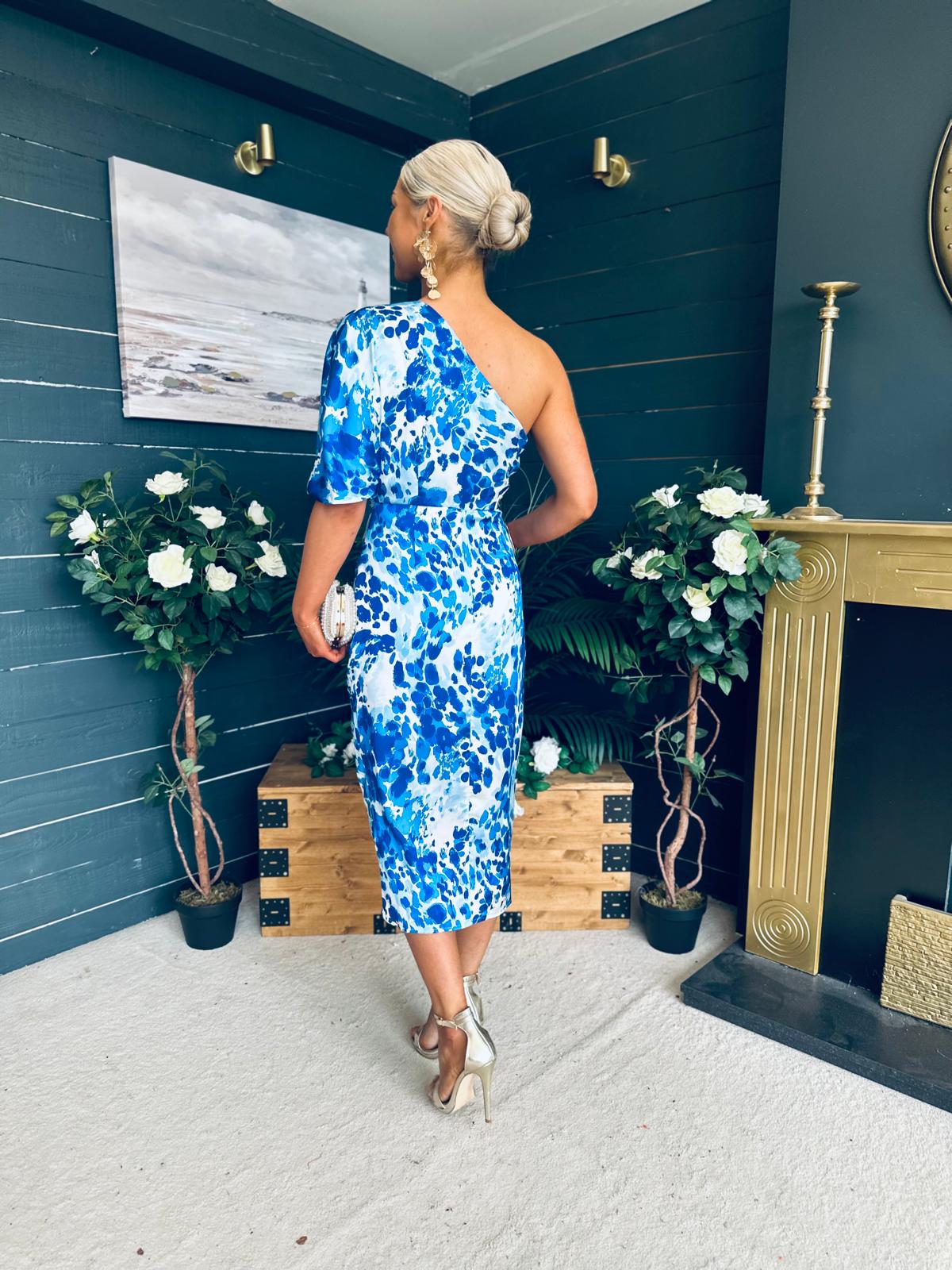 Ira One Shoulder Wrap Skirt Midi Dress Blue