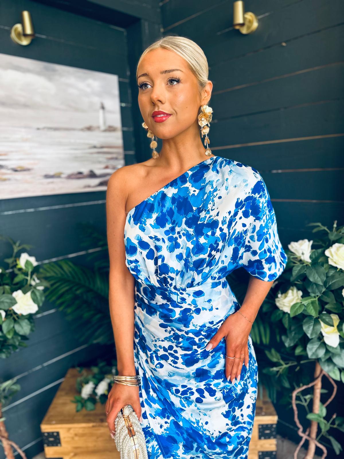 Ira One Shoulder Wrap Skirt Midi Dress Blue