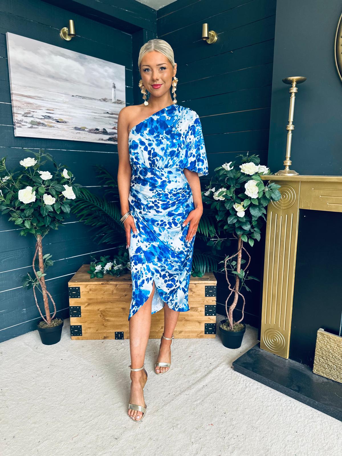 Ira One Shoulder Wrap Skirt Midi Dress Blue