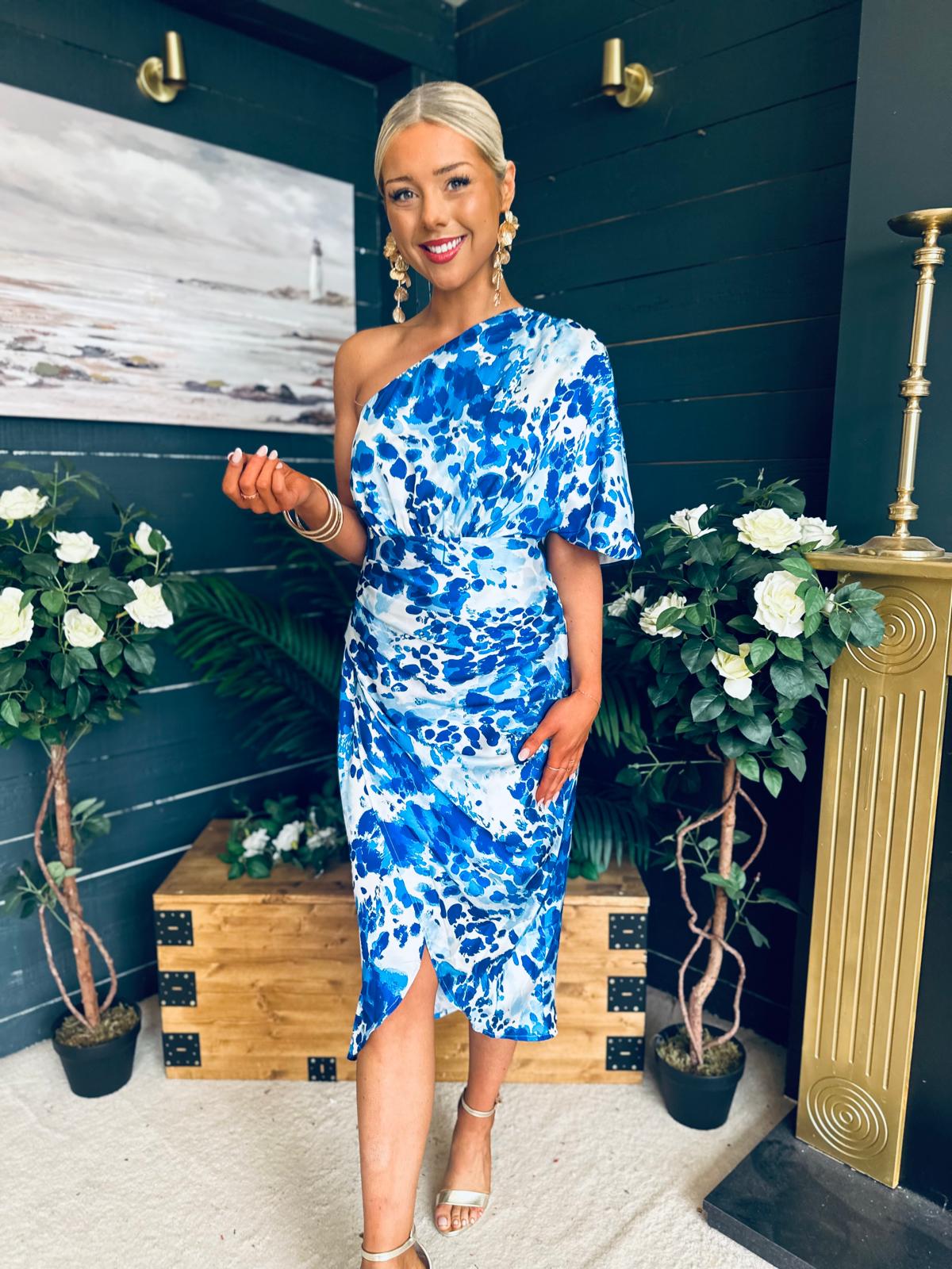 Ira One Shoulder Wrap Skirt Midi Dress Blue