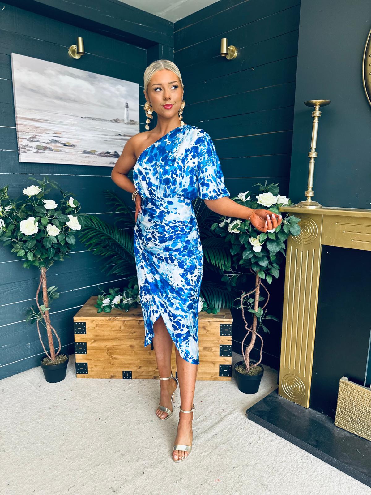 Ira One Shoulder Wrap Skirt Midi Dress Blue