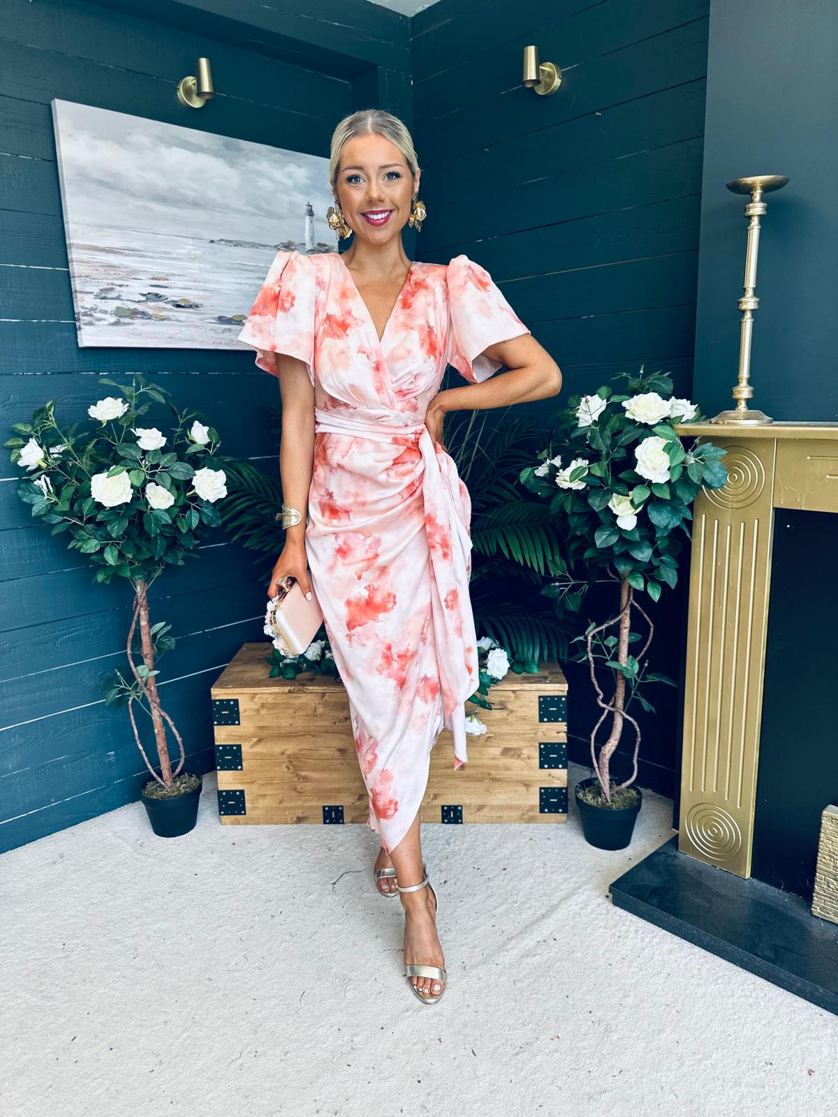 Drew Puff Sleeve Midi Dress Marble Peach