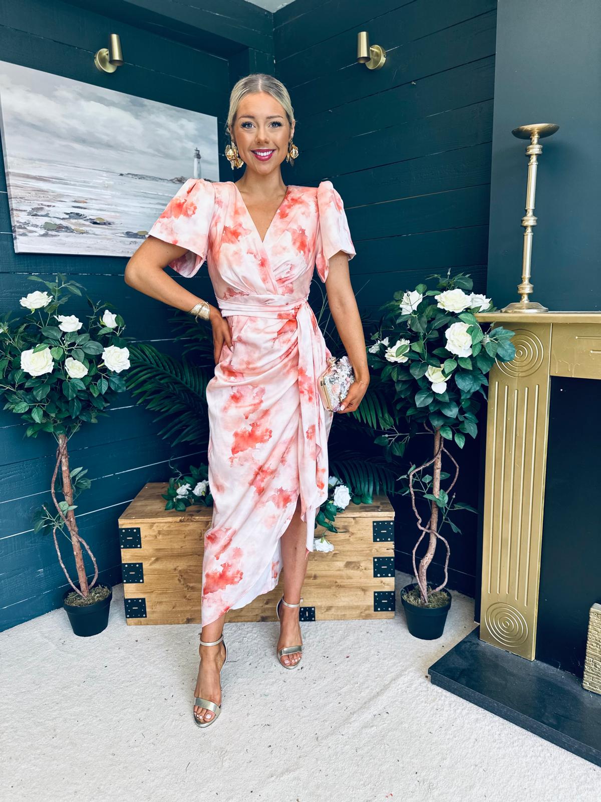 Drew Puff Sleeve Midi Dress Marble Peach