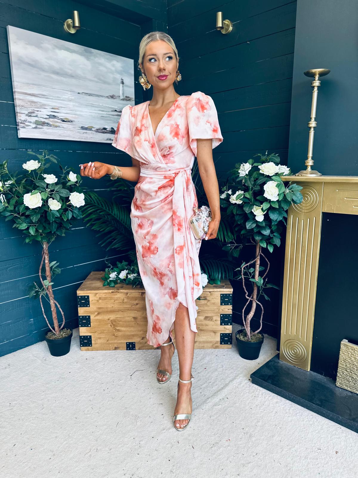 Drew Puff Sleeve Midi Dress Marble Peach