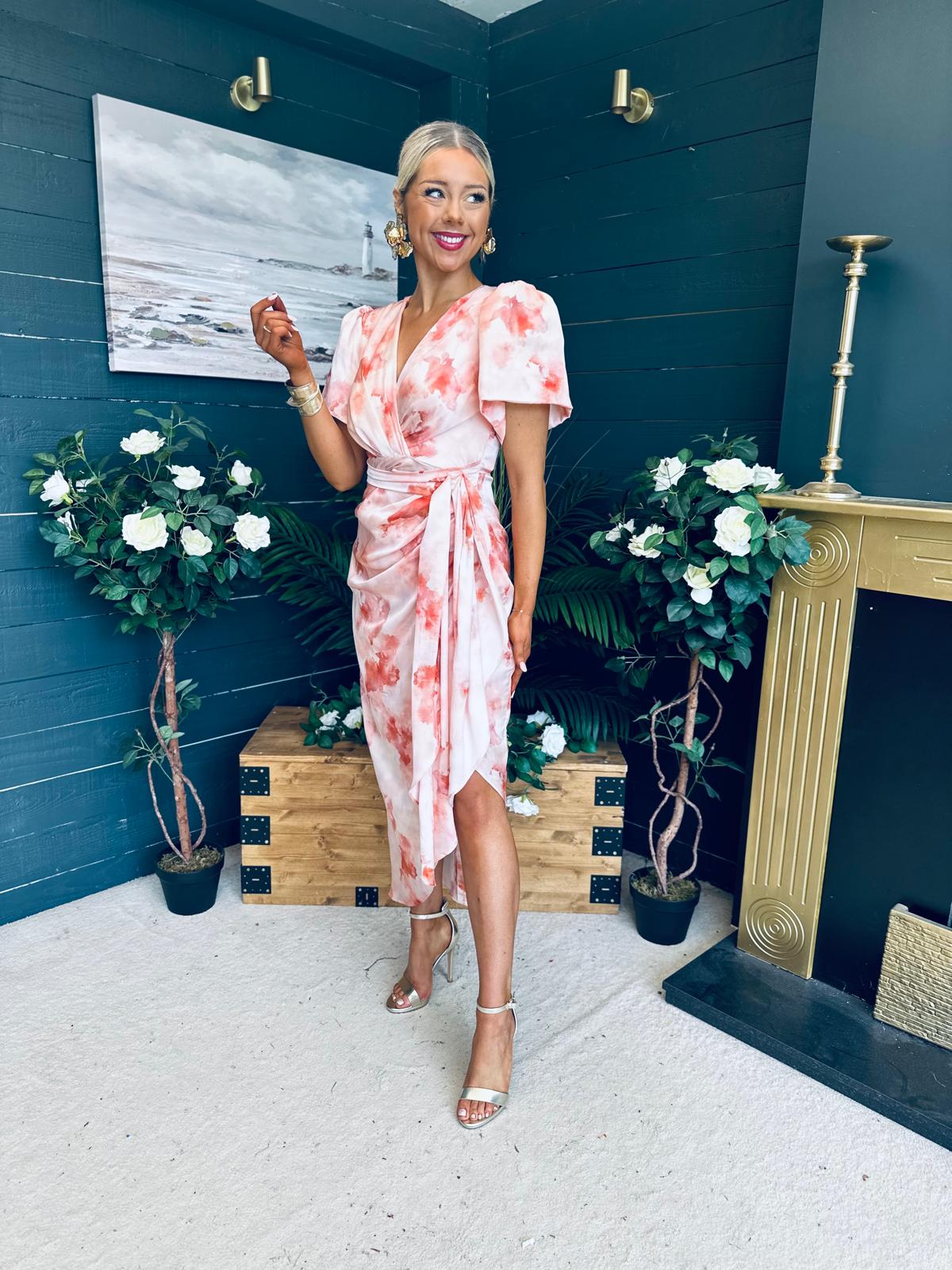Drew Puff Sleeve Midi Dress Marble Peach