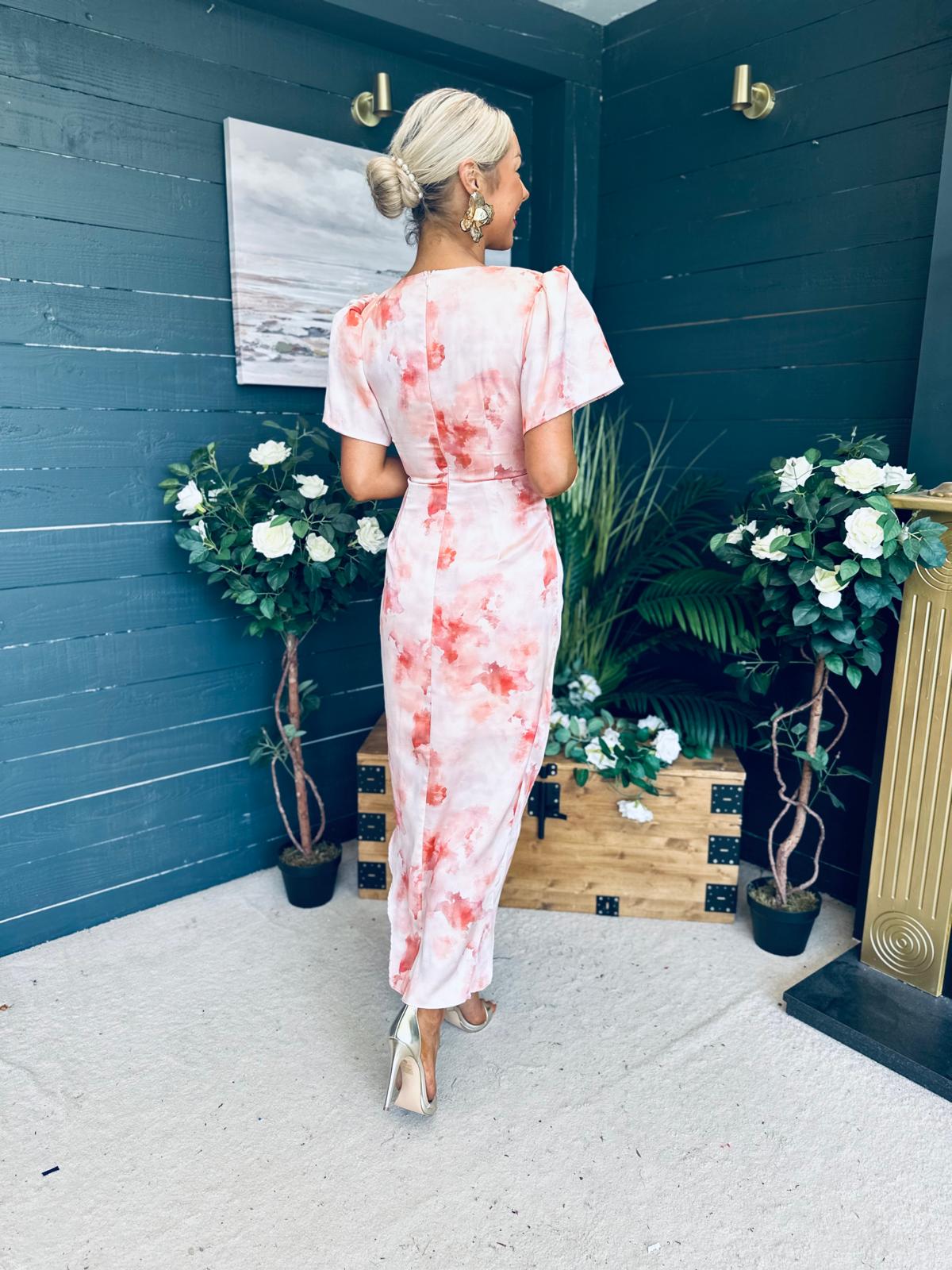 Drew Puff Sleeve Midi Dress Marble Peach