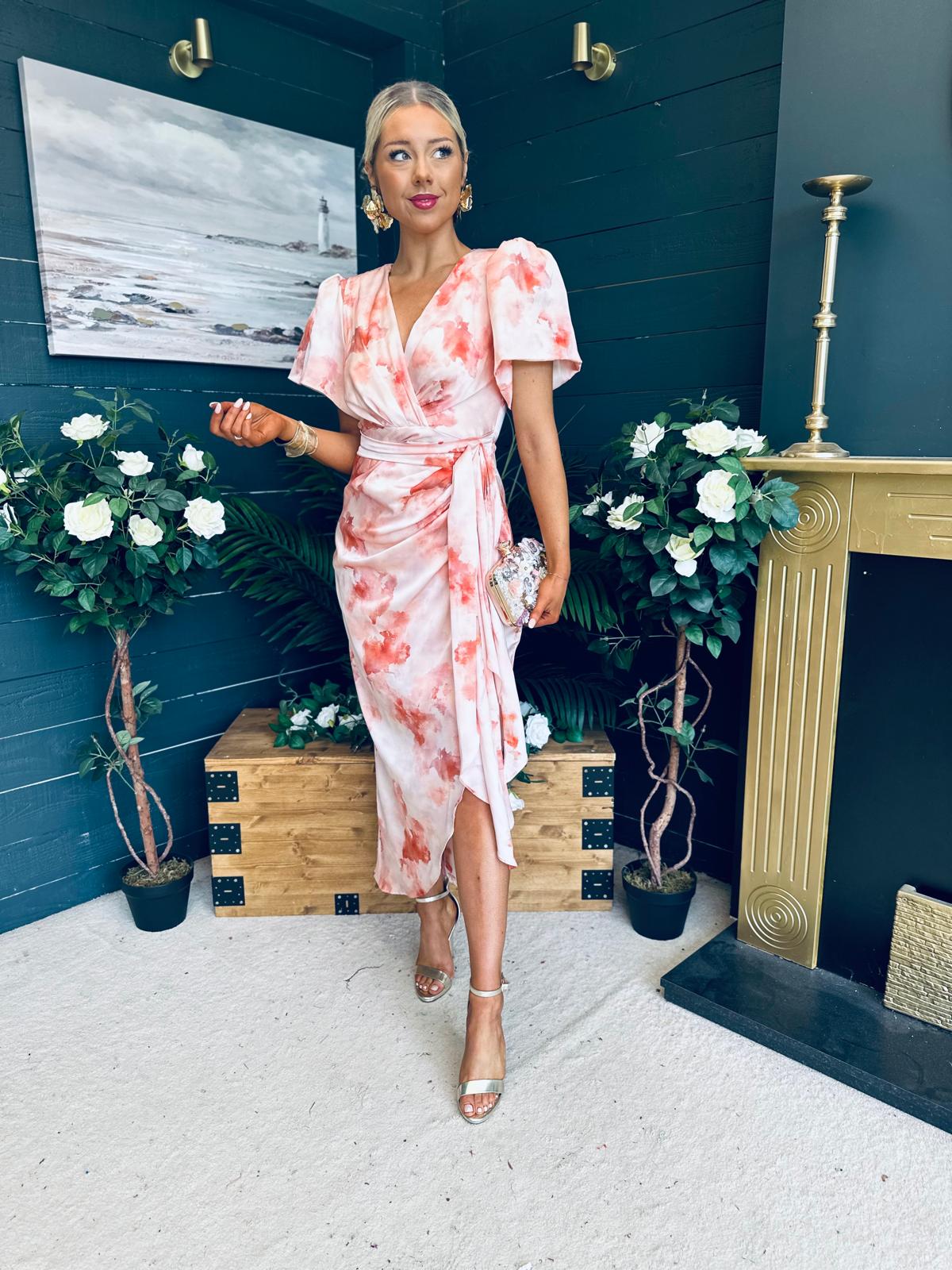 Drew Puff Sleeve Midi Dress Marble Peach