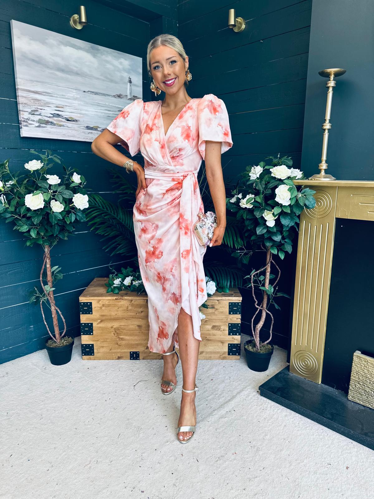 Drew Puff Sleeve Midi Dress Marble Peach