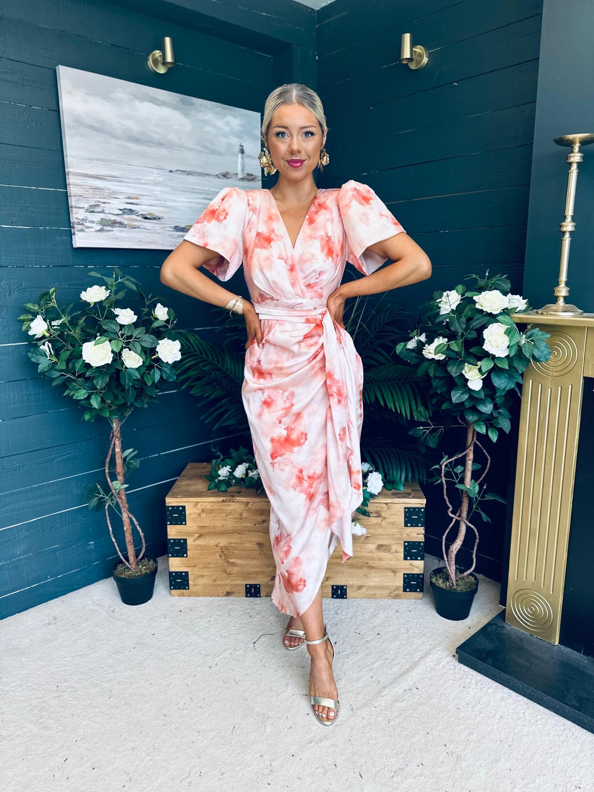 Drew Puff Sleeve Midi Dress Marble Peach