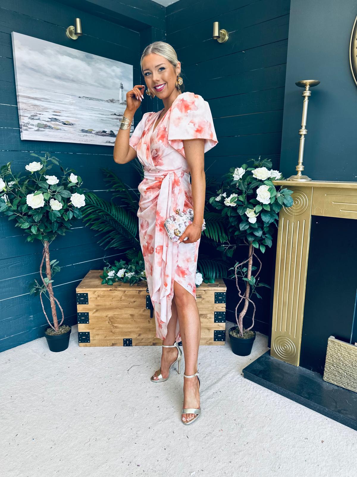 Drew Puff Sleeve Midi Dress Marble Peach