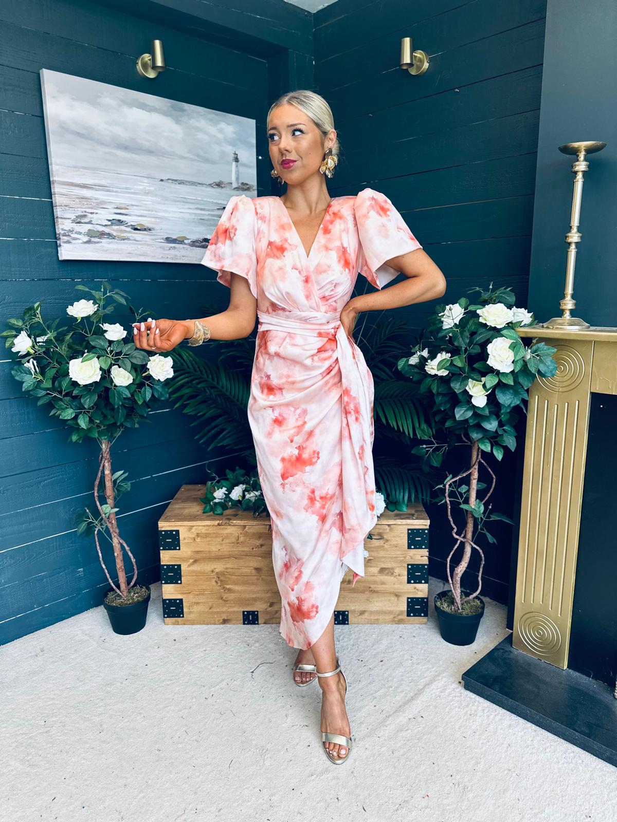 Drew Puff Sleeve Midi Dress Marble Peach