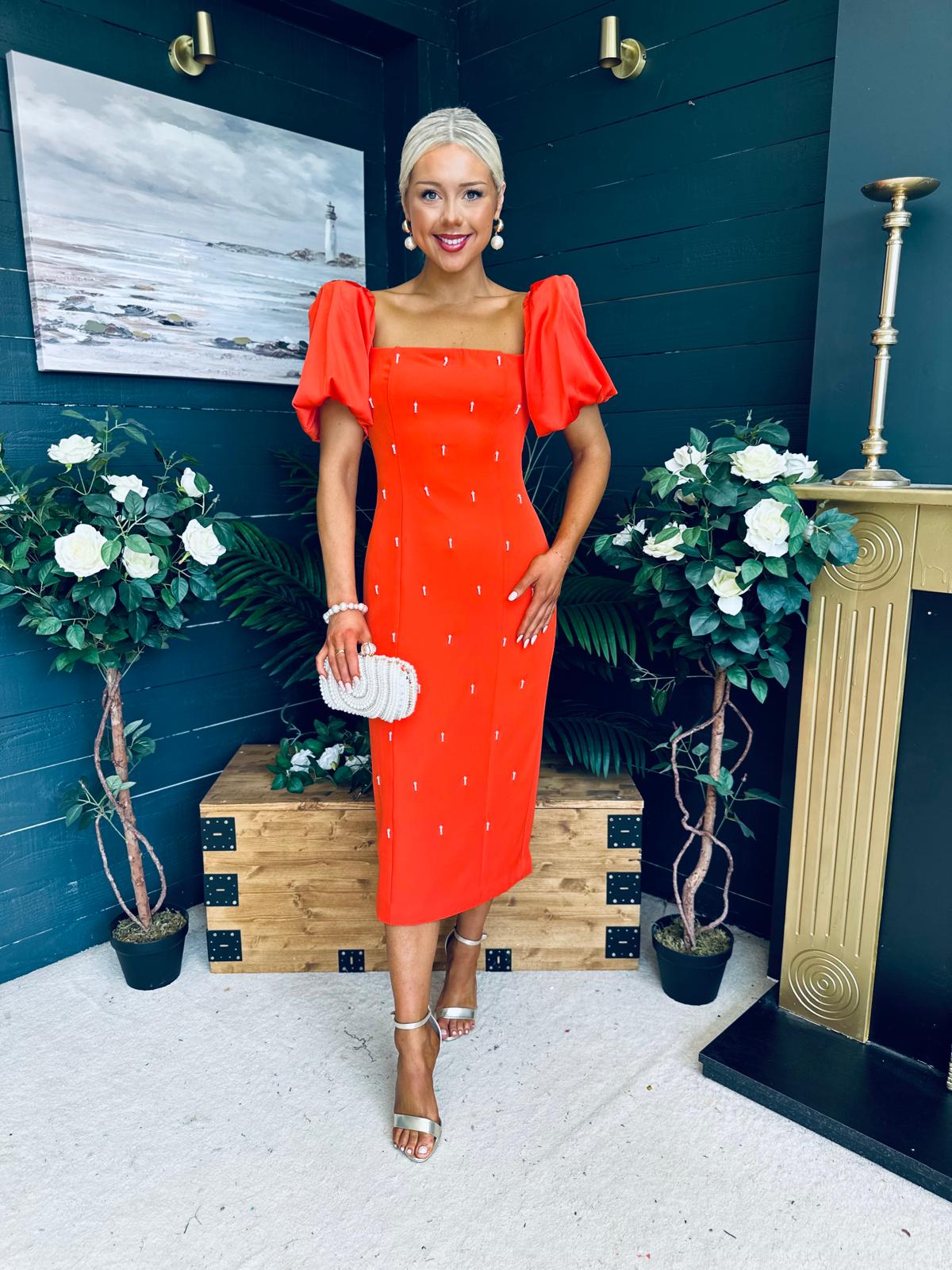 Kennedy Puff Sleeve Pearl Detail Occasion Dress Coral
