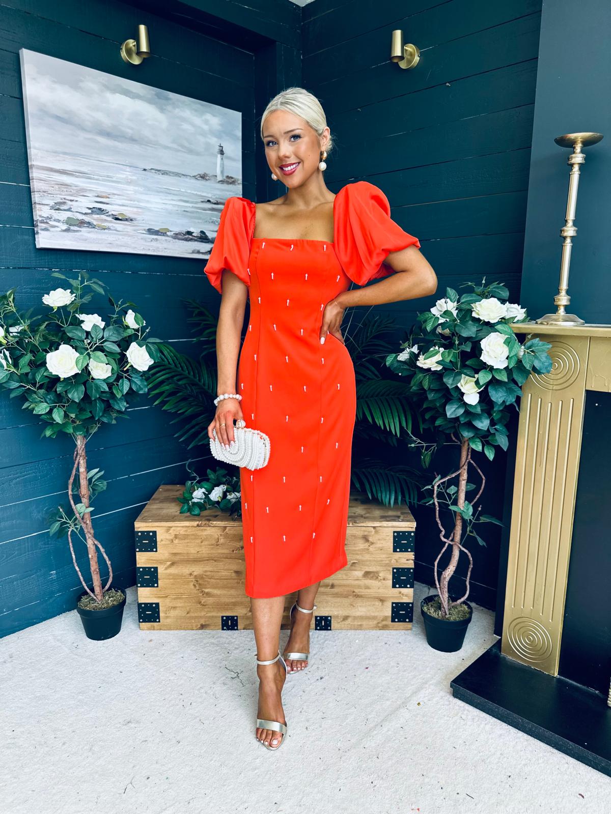 Kennedy Puff Sleeve Pearl Detail Occasion Dress Coral