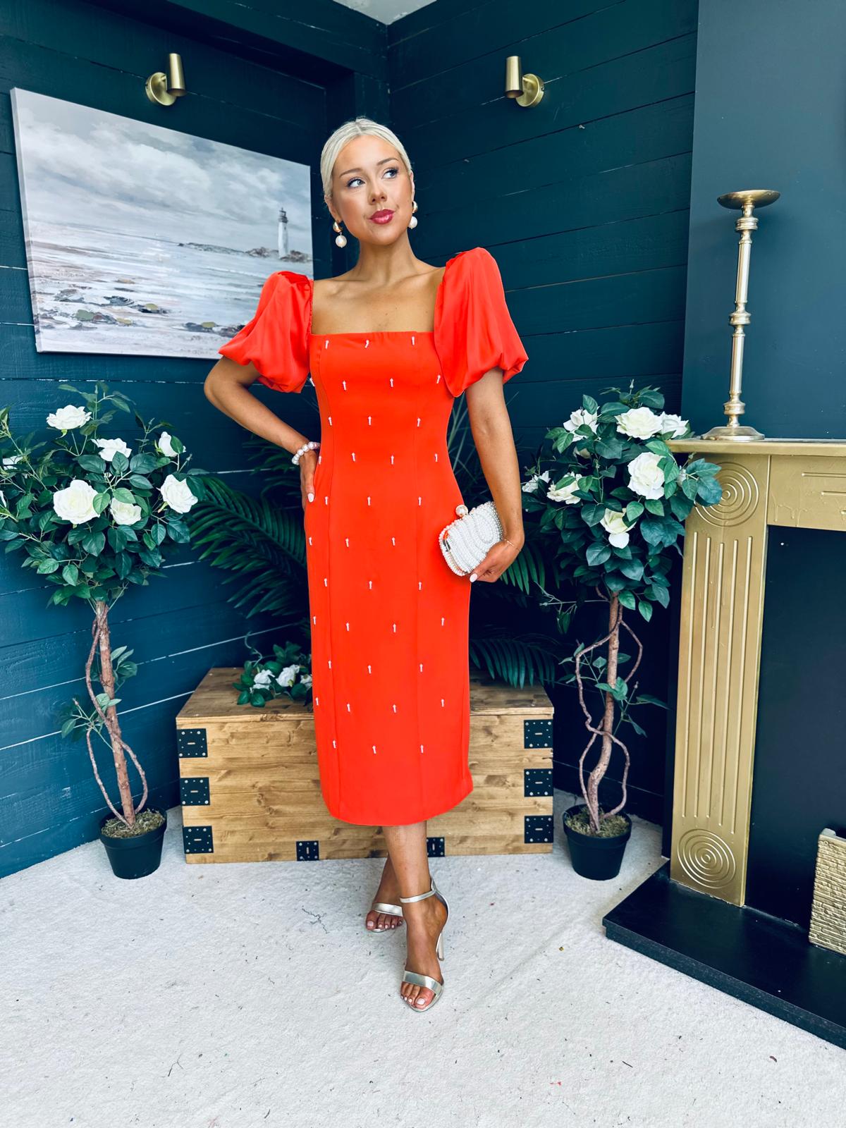 Kennedy Puff Sleeve Pearl Detail Occasion Dress Coral