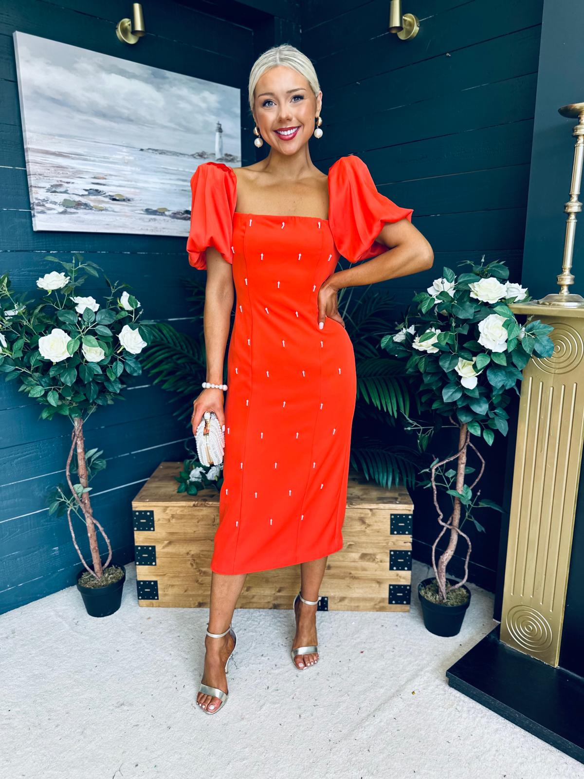 Kennedy Puff Sleeve Pearl Detail Occasion Dress Coral