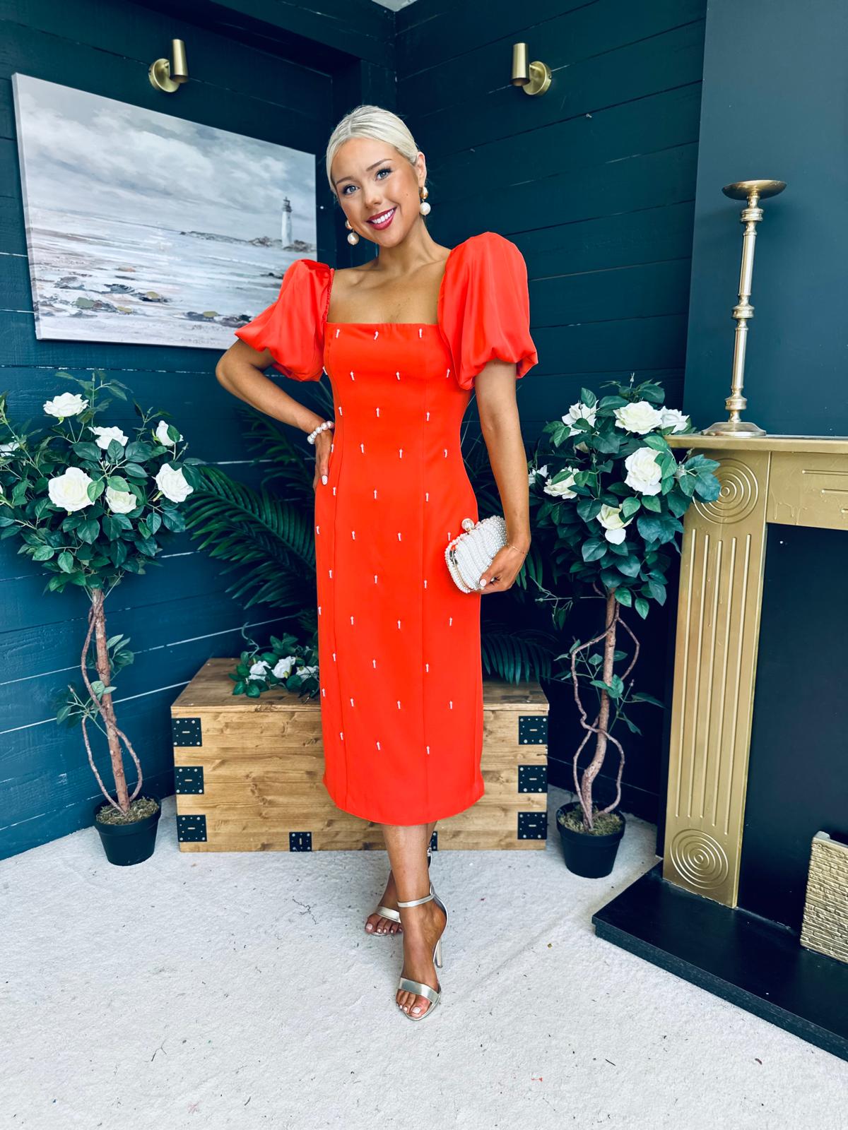 Kennedy Puff Sleeve Pearl Detail Occasion Dress Coral