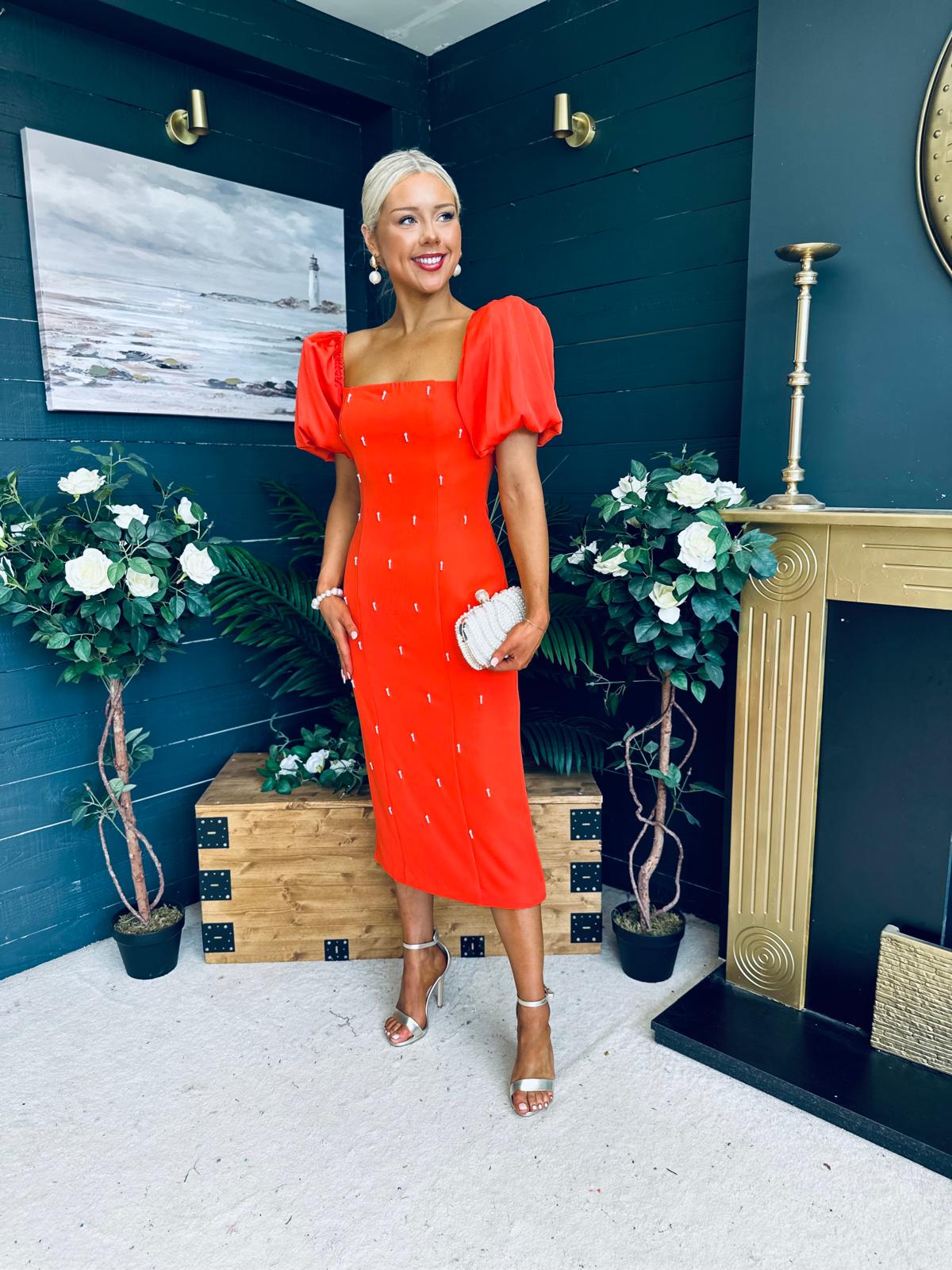 Kennedy Puff Sleeve Pearl Detail Occasion Dress Coral