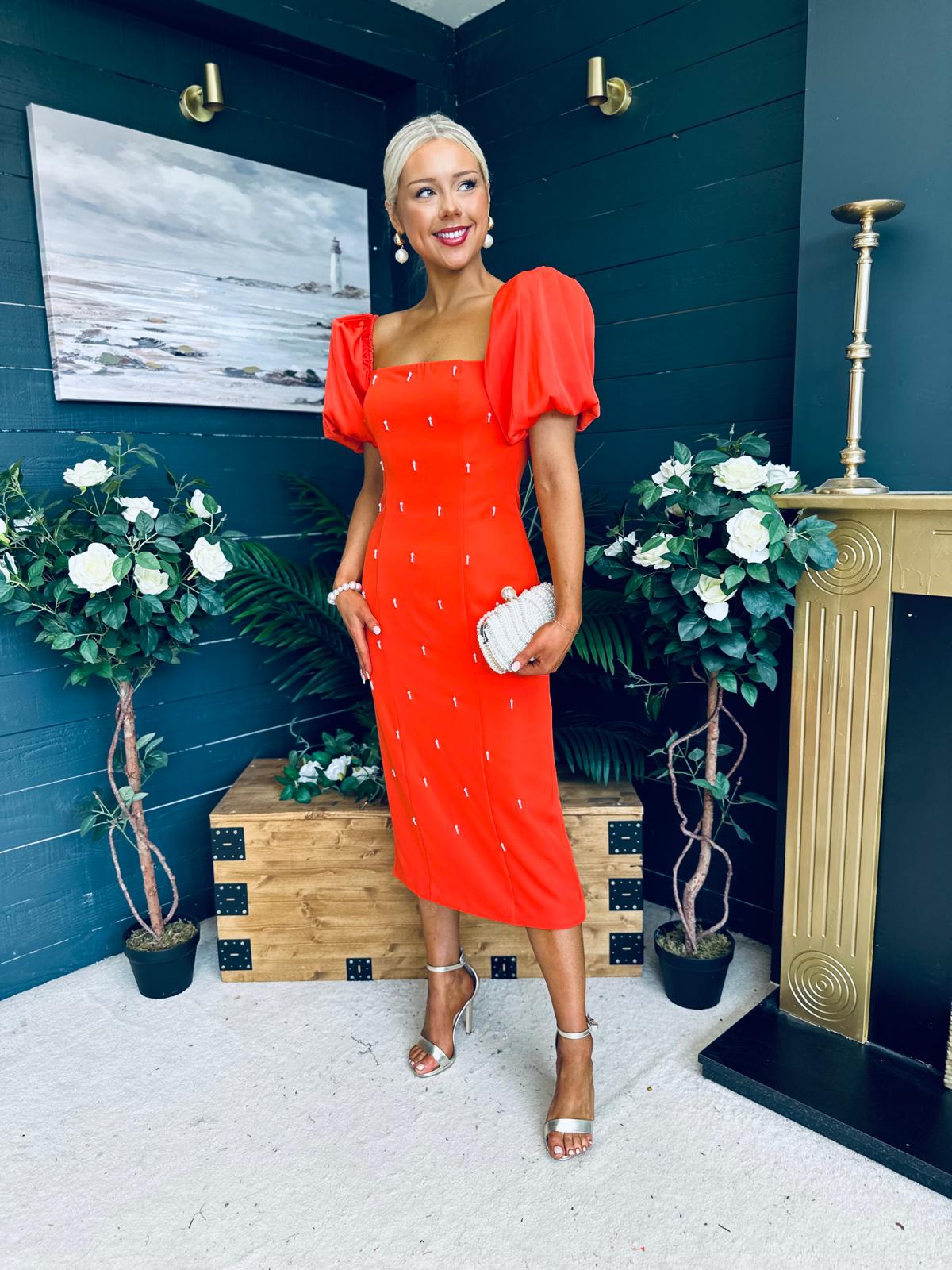 Kennedy Puff Sleeve Pearl Detail Occasion Dress Coral