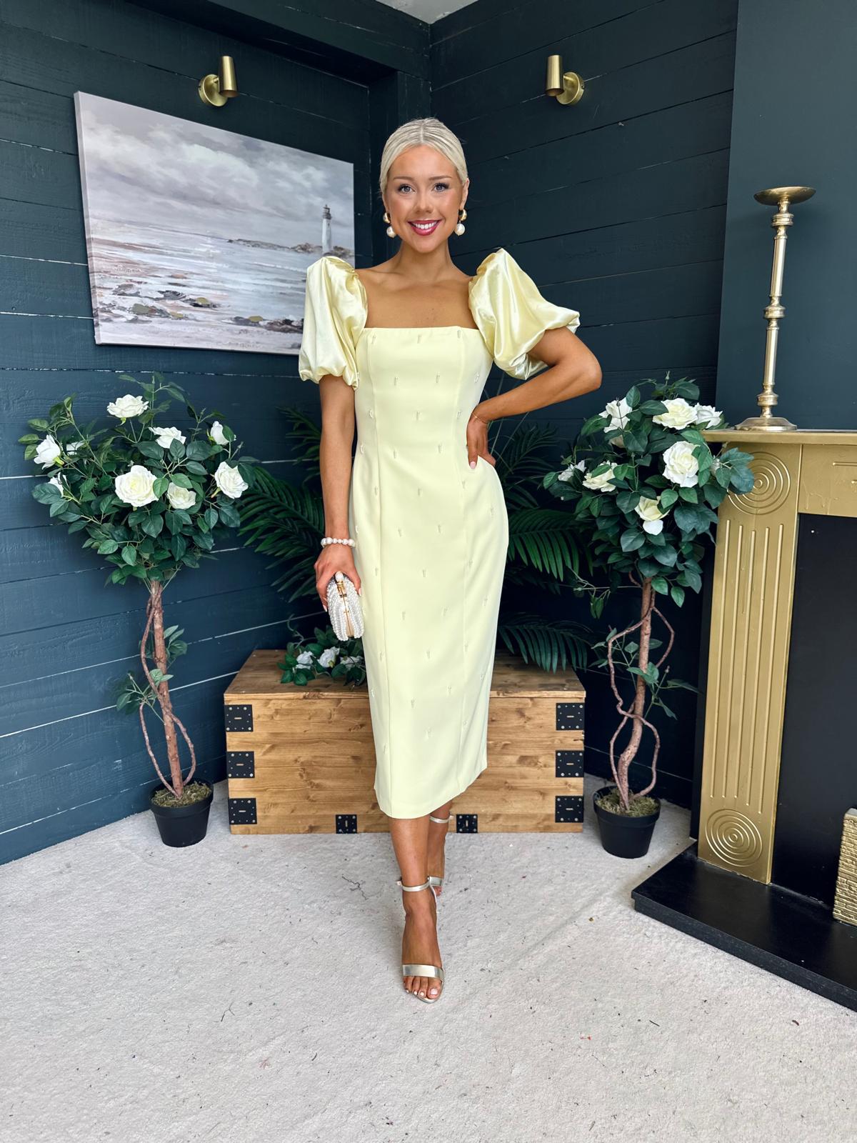 Kennedy Puff Sleeve Pearl Detail Occasion Dress Yellow