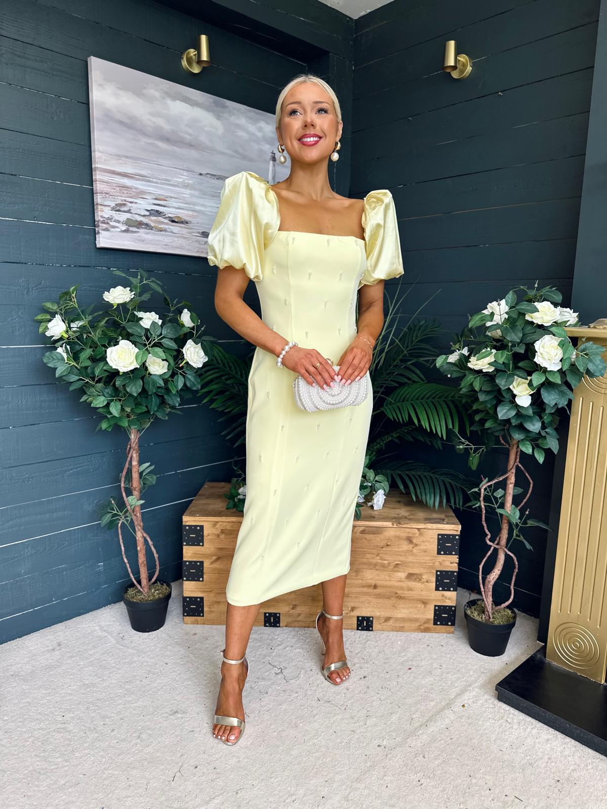 Kennedy Puff Sleeve Pearl Detail Occasion Dress Yellow