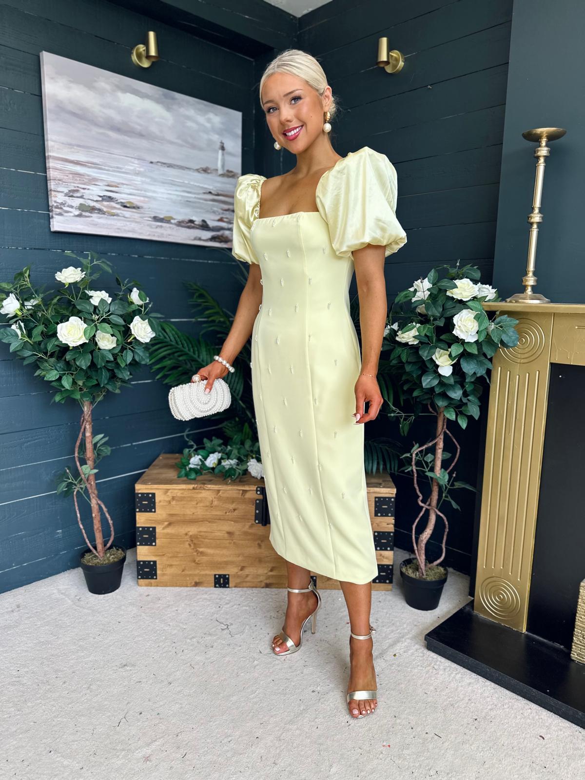 Kennedy Puff Sleeve Pearl Detail Occasion Dress Yellow