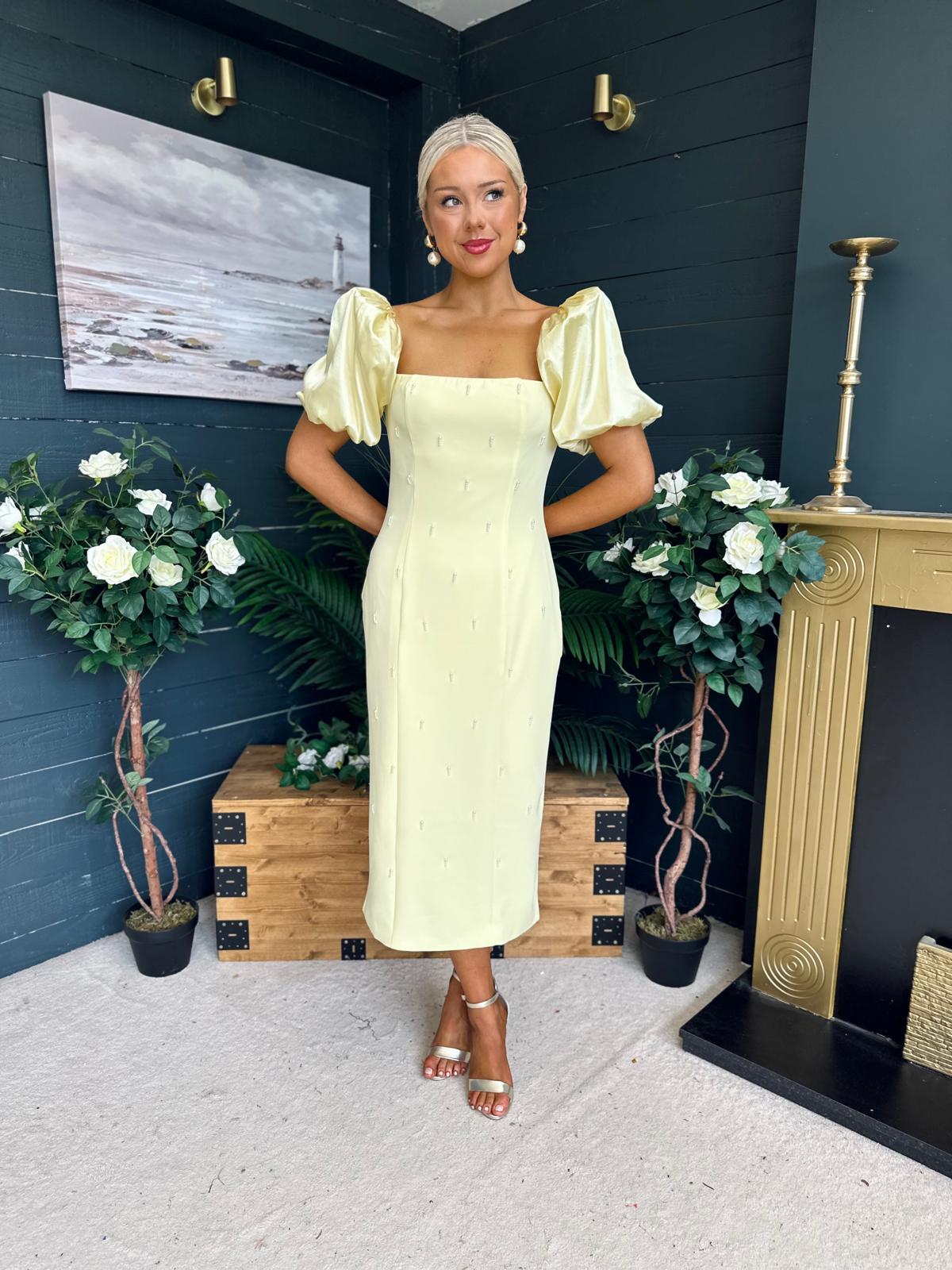 Kennedy Puff Sleeve Pearl Detail Occasion Dress Yellow