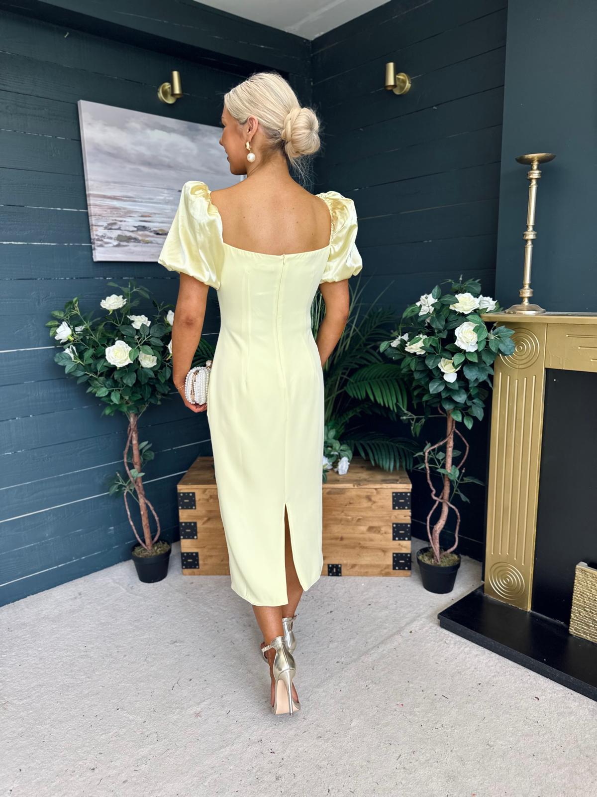 Kennedy Puff Sleeve Pearl Detail Occasion Dress Yellow