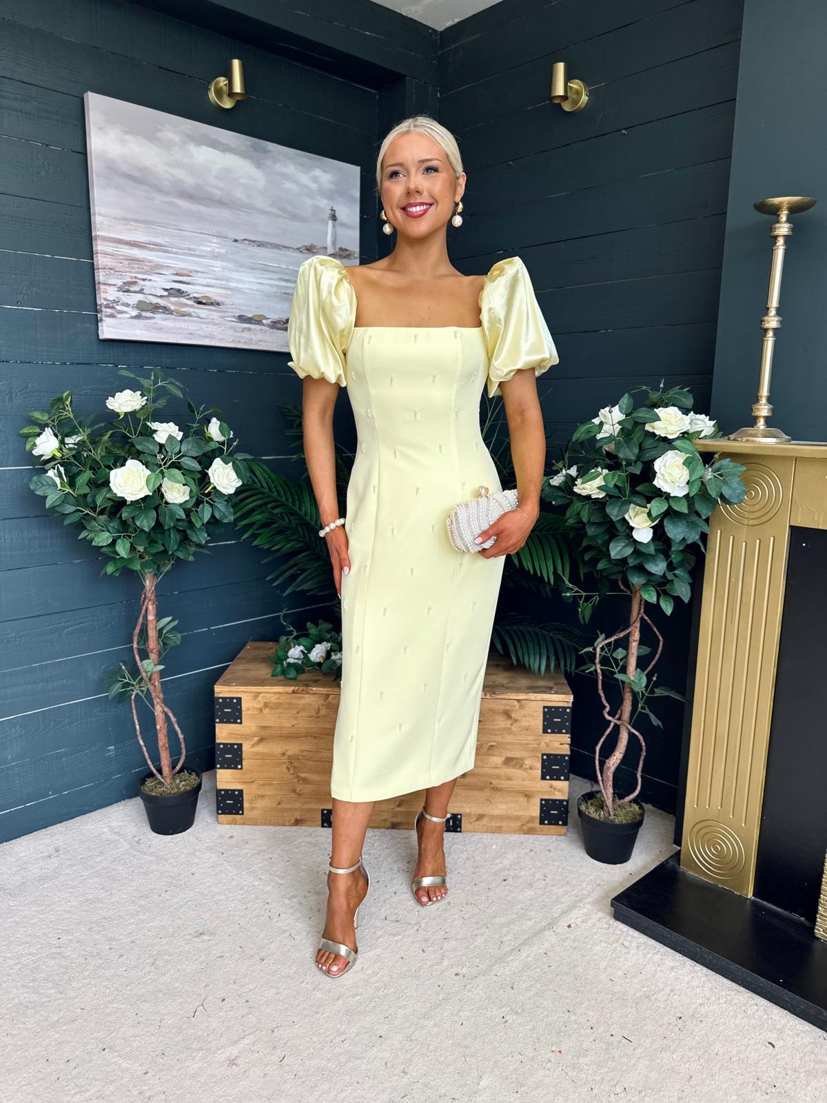 Kennedy Puff Sleeve Pearl Detail Occasion Dress Yellow