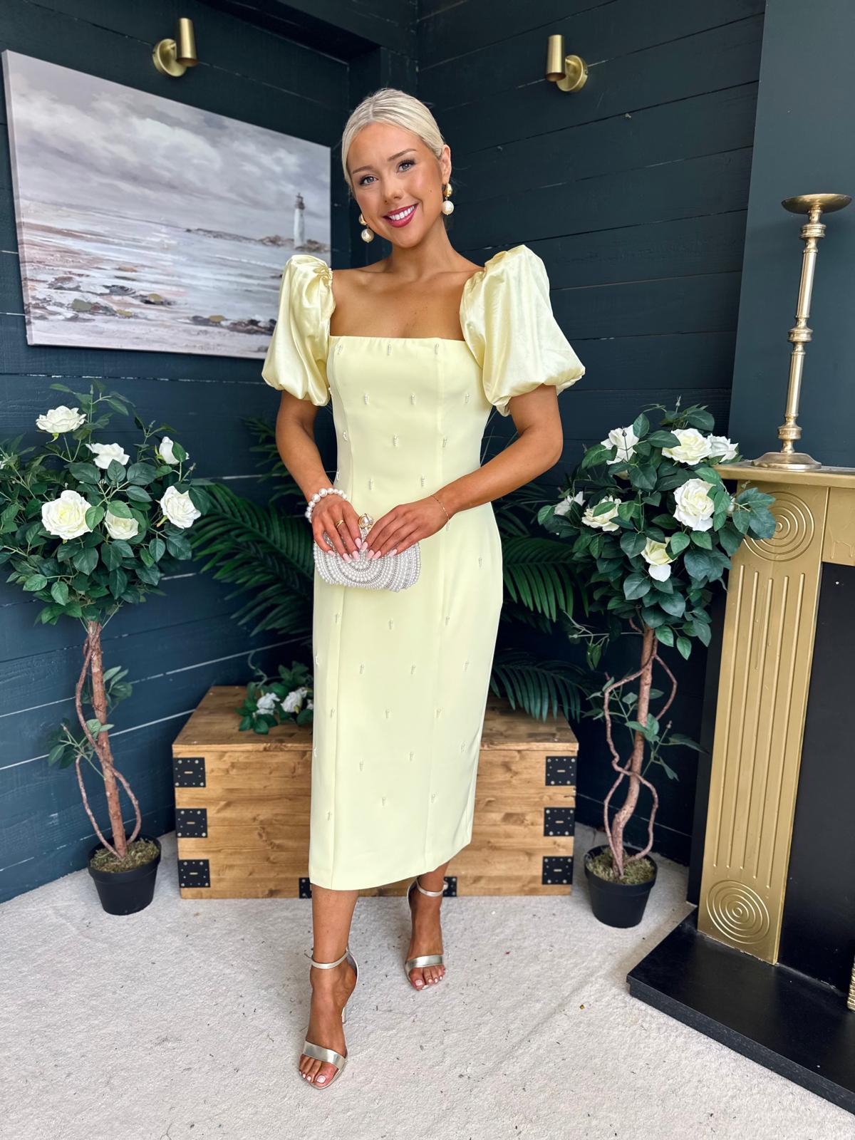 Kennedy Puff Sleeve Pearl Detail Occasion Dress Yellow