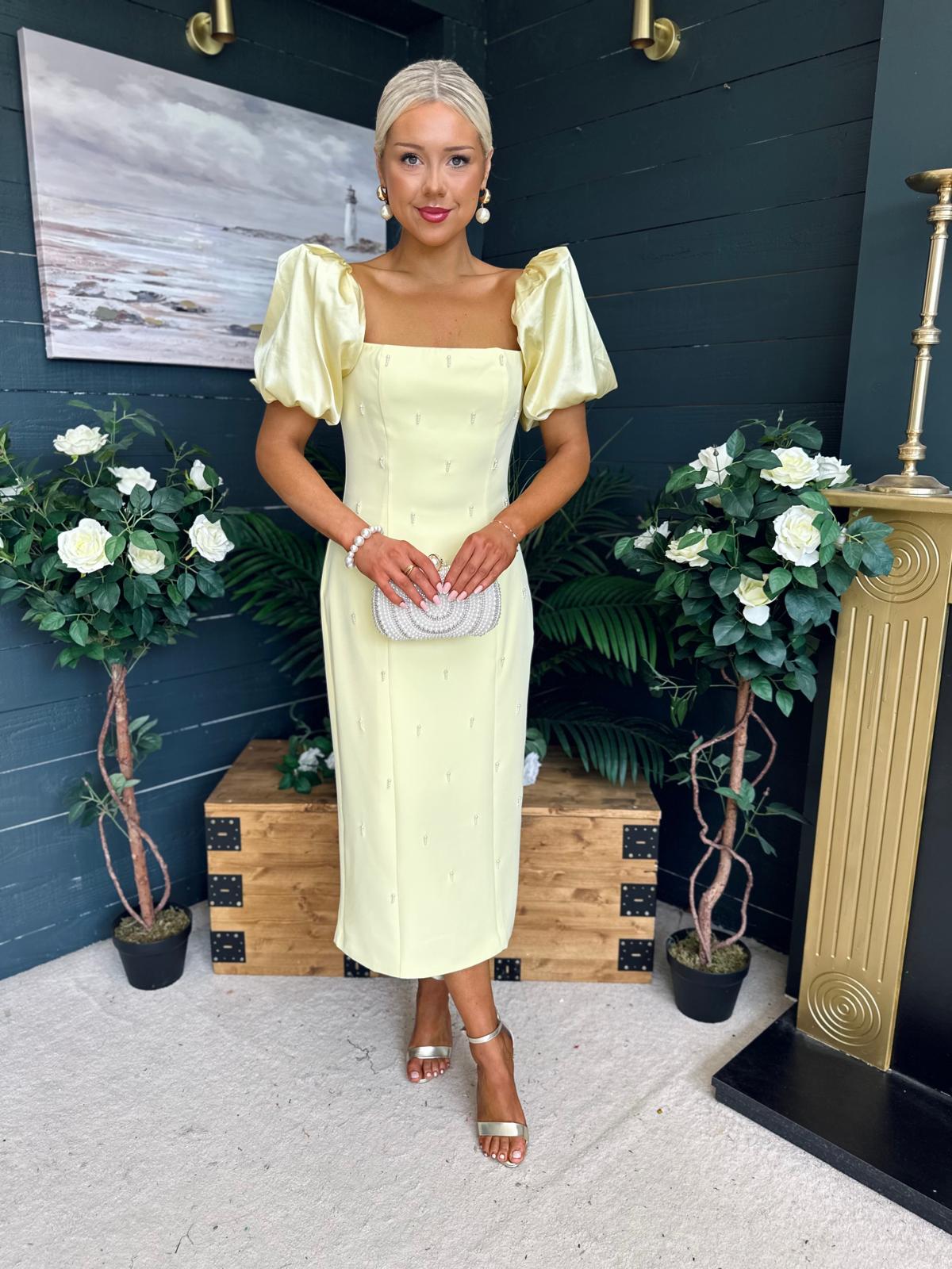 Kennedy Puff Sleeve Pearl Detail Occasion Dress Yellow