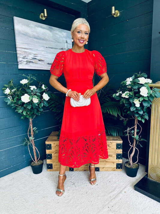 Avery Crochet Detail Occasion Dress Red