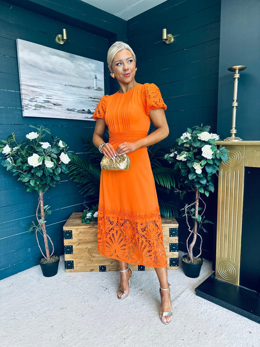 Avery Crochet Detail Occasion Dress Orange