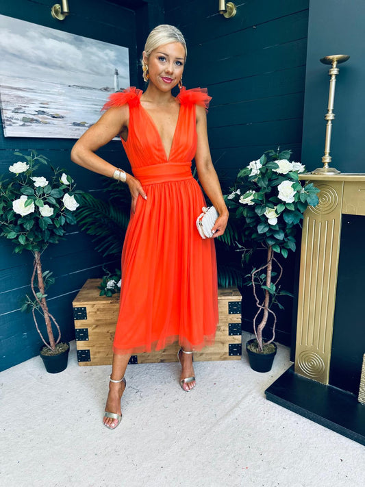 Carly Occasion Tulle Midi Dress Orange