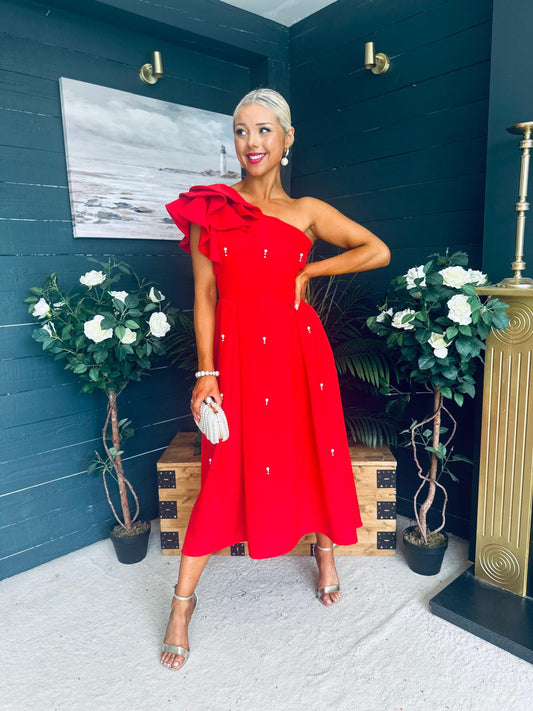 Victoria Pearl Detailed Occasion Dress Red