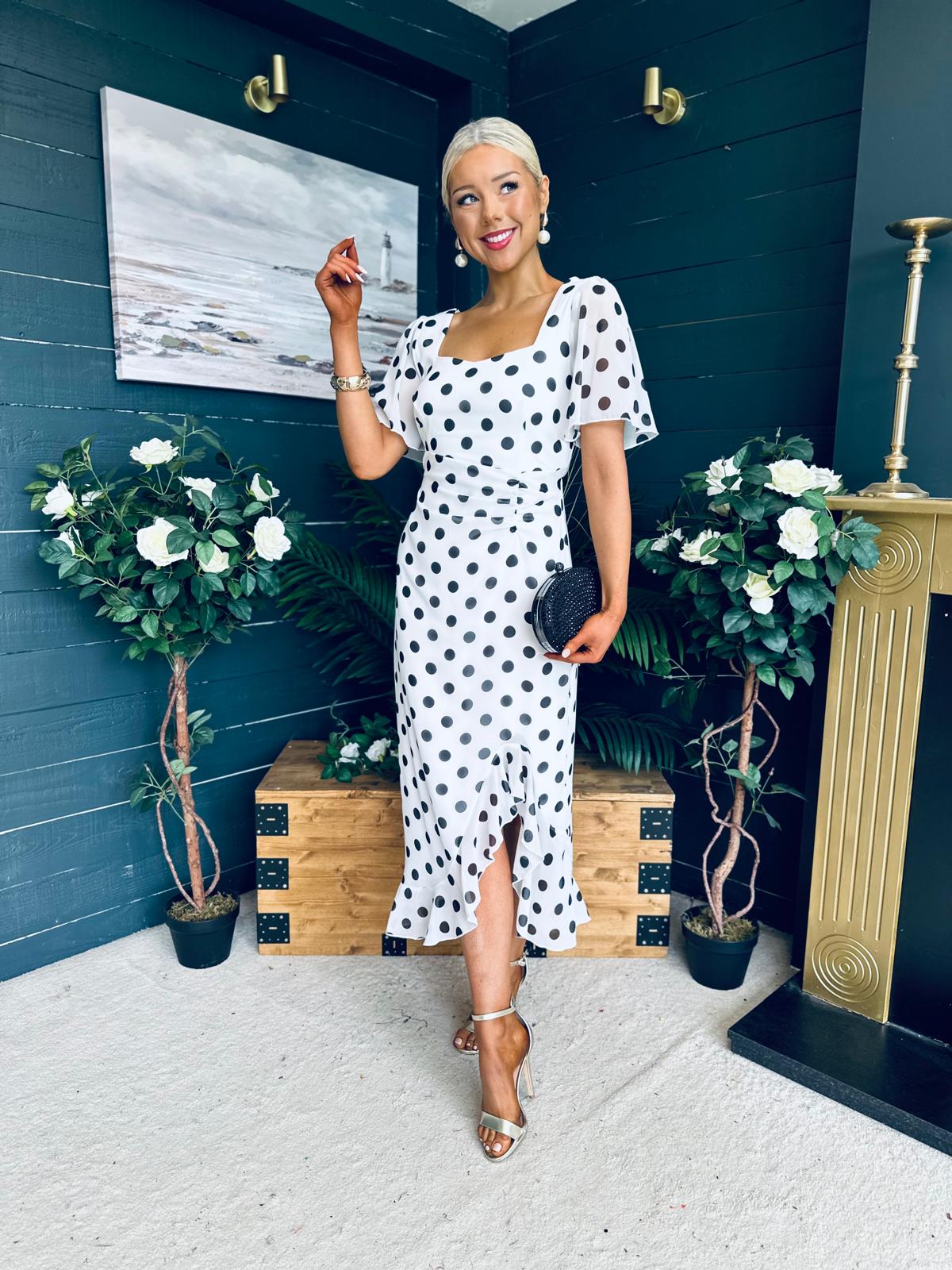 Heidi Ruched Occasion Midi Dress White Polka