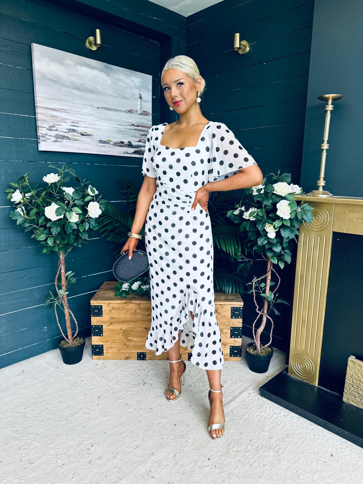 Heidi Ruched Occasion Midi Dress White Polka