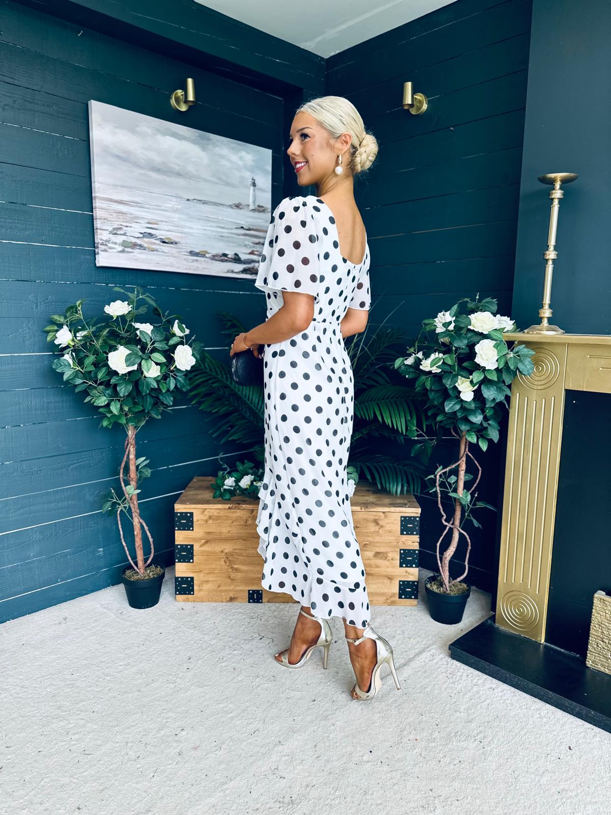 Heidi Ruched Occasion Midi Dress White Polka