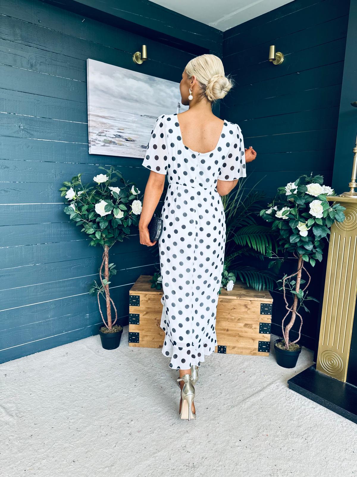 Heidi Ruched Occasion Midi Dress White Polka