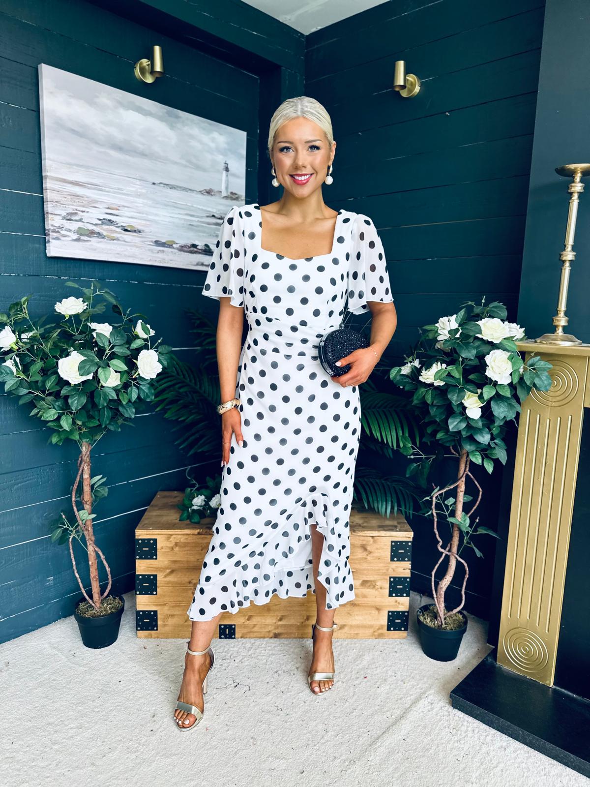 Heidi Ruched Occasion Midi Dress White Polka
